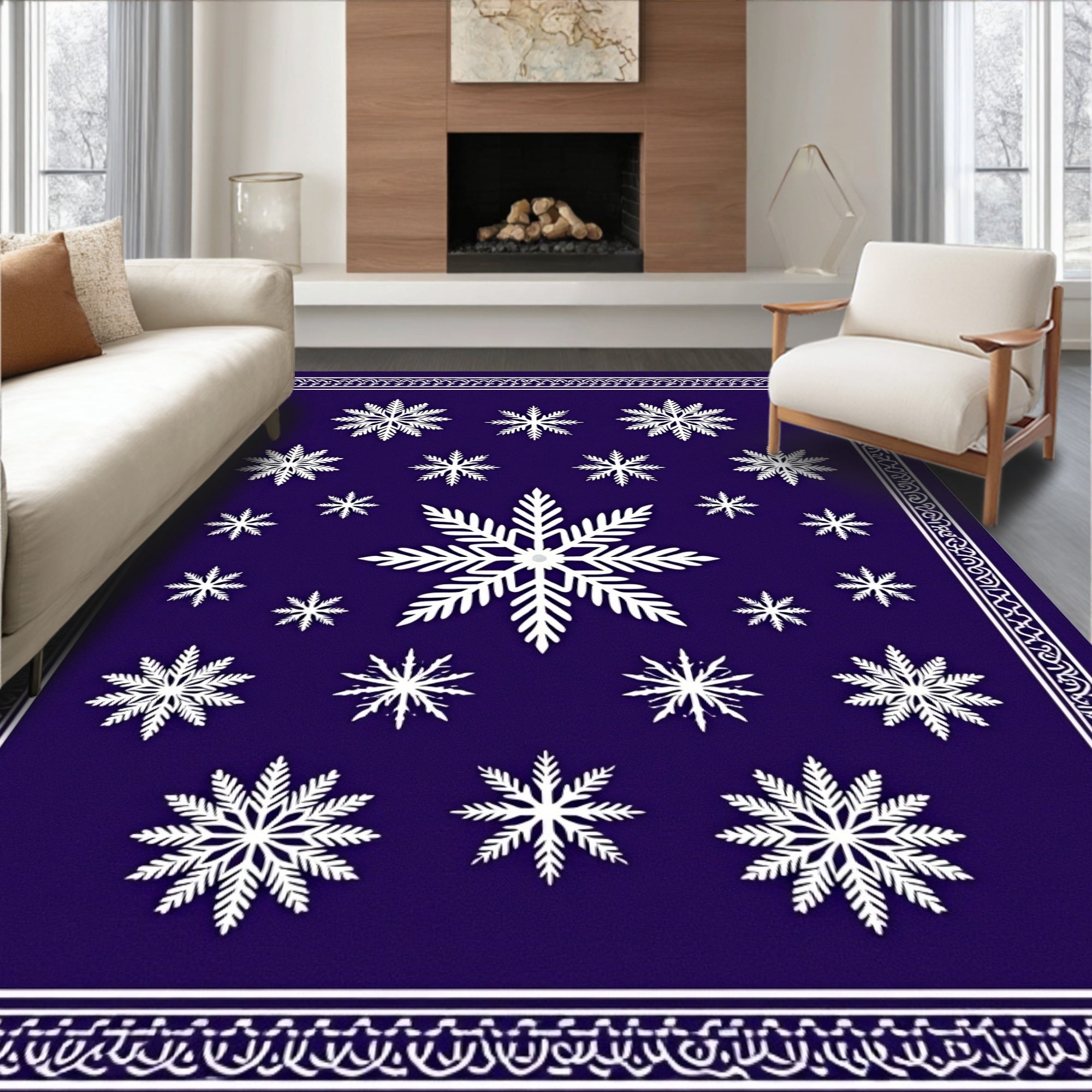 Deep Blue Snowflake Medallion Border Rug