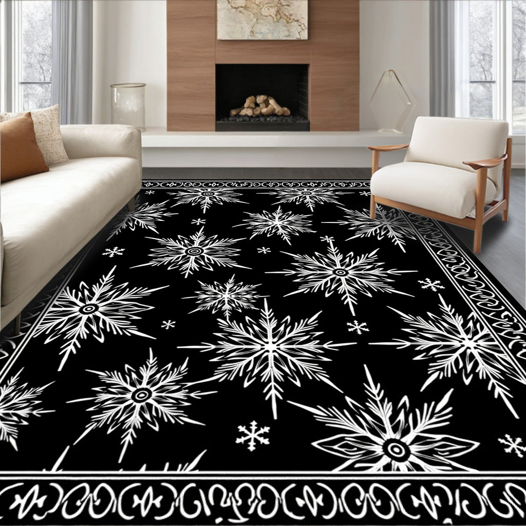 Black White Snowflake Composed Border Rug