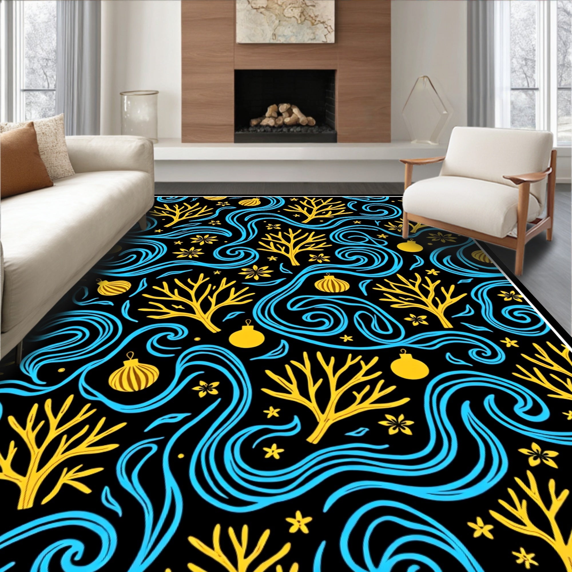 Black Yellow Blue Swirl Tree Ornament Rug