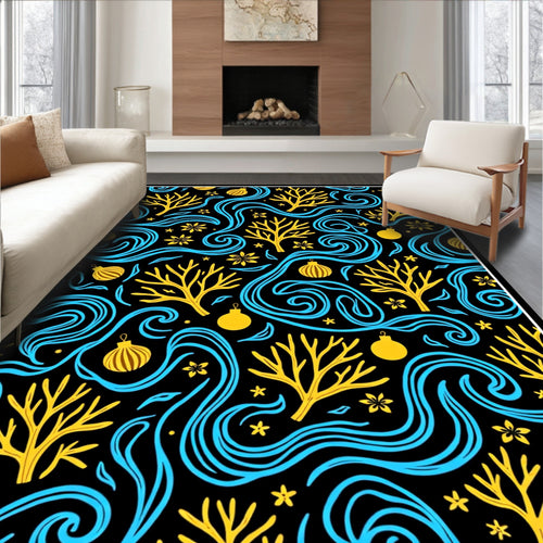 Black Yellow Blue Swirl Tree Ornament Rug
