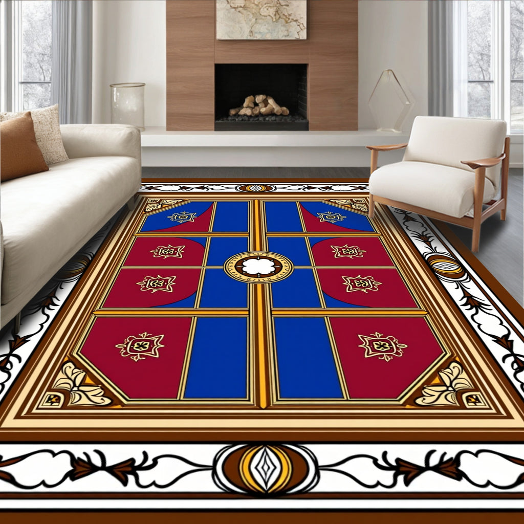 Burgundy Blue Golden Window Pane Medallion Rug