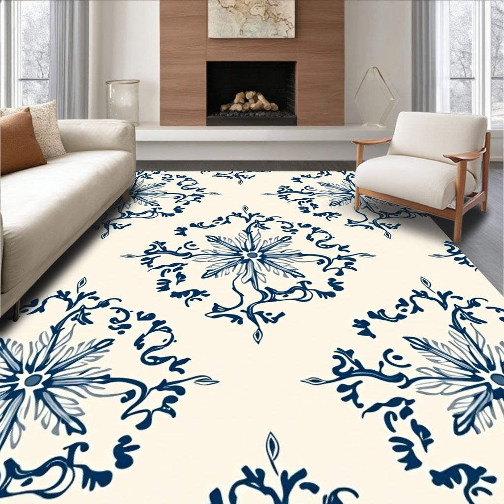 Navy Blue Floral Medallion Cream Rug