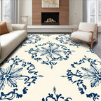 Navy Blue Floral Medallion Cream Rug