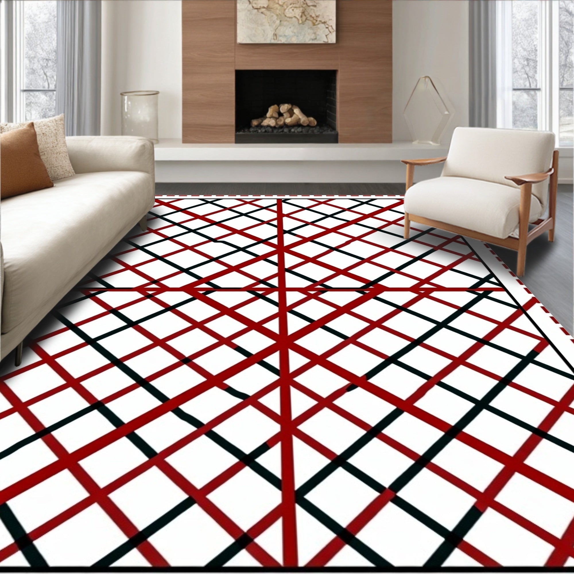 Bold Red Black Intersecting Lines Rug
