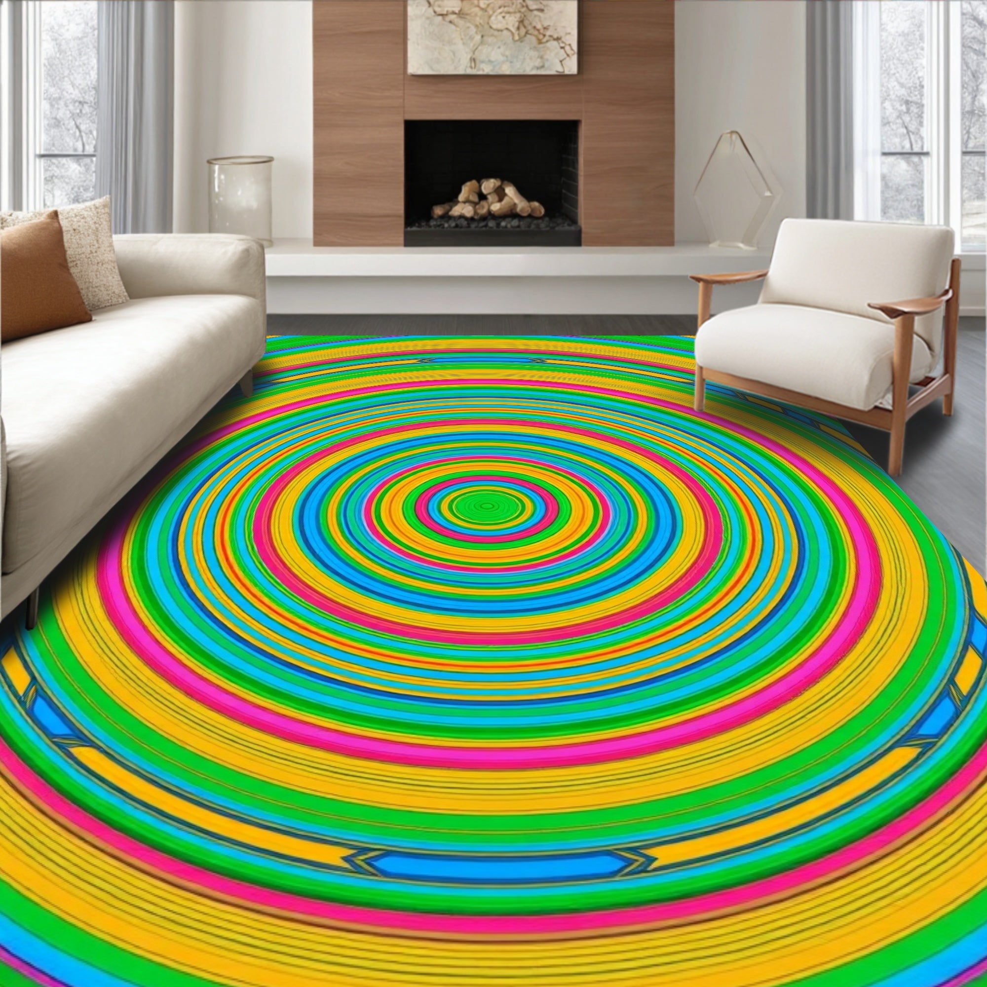Vibrant Green Blue Yellow Pink Circles Rug