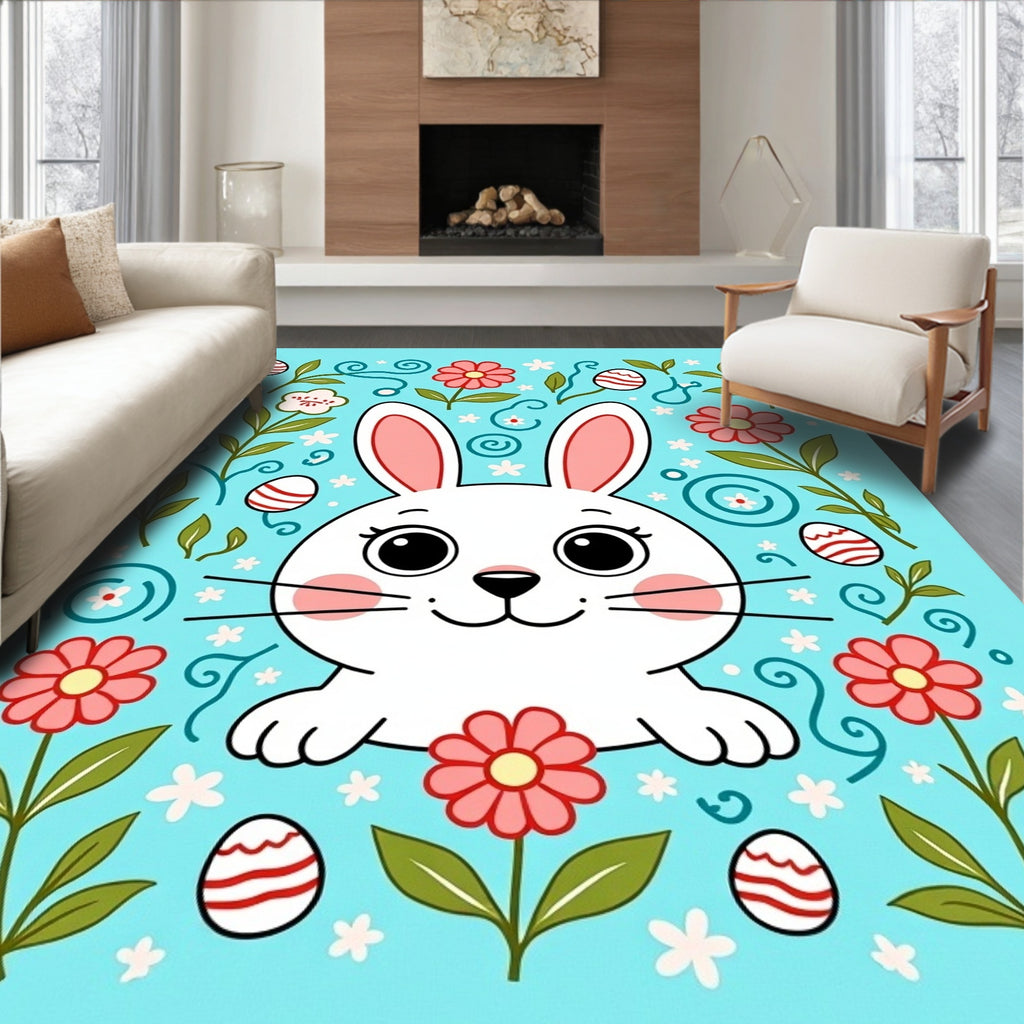 Cute Bunny Floral Easter Eggs Rug
