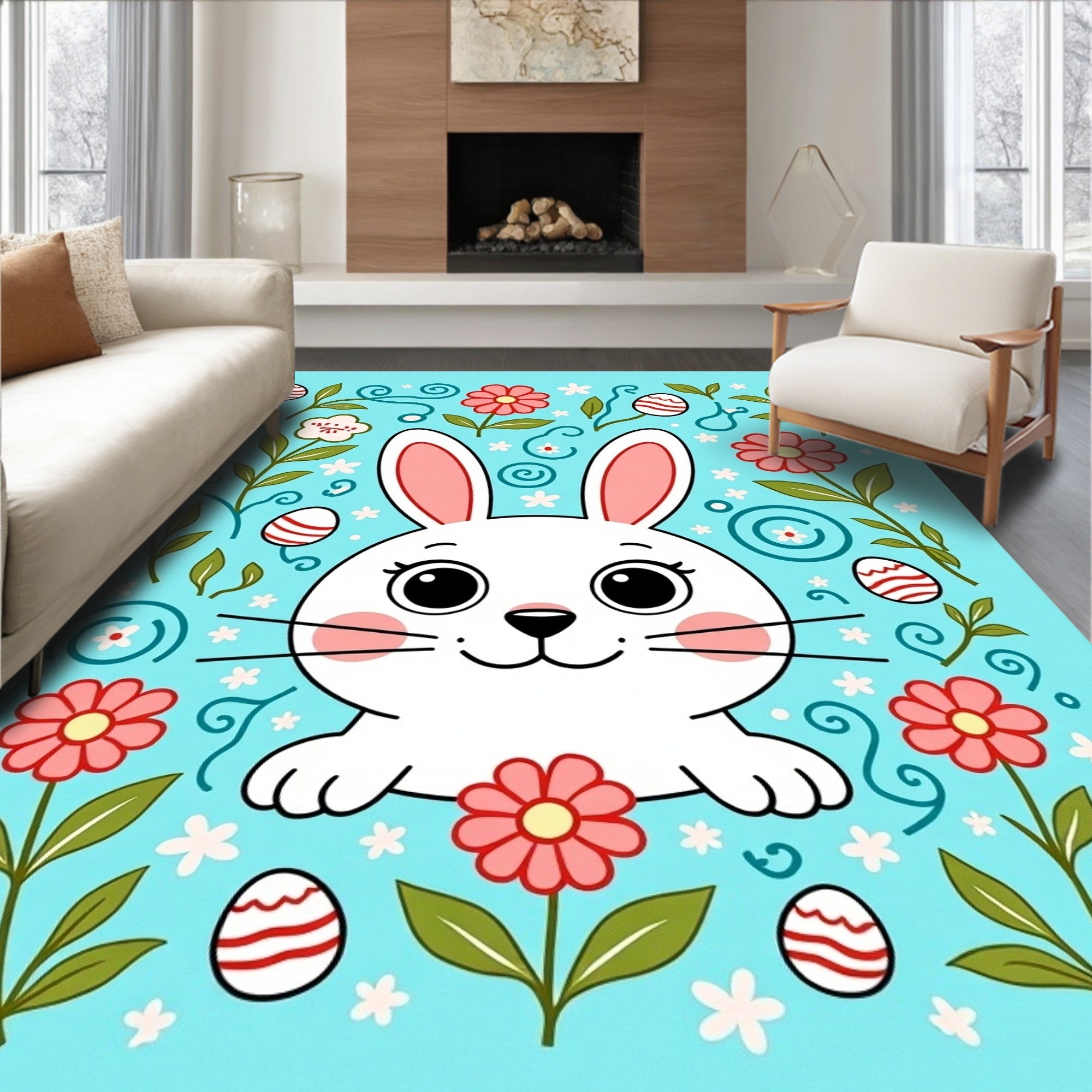 Cute Bunny Floral Easter Eggs Rug