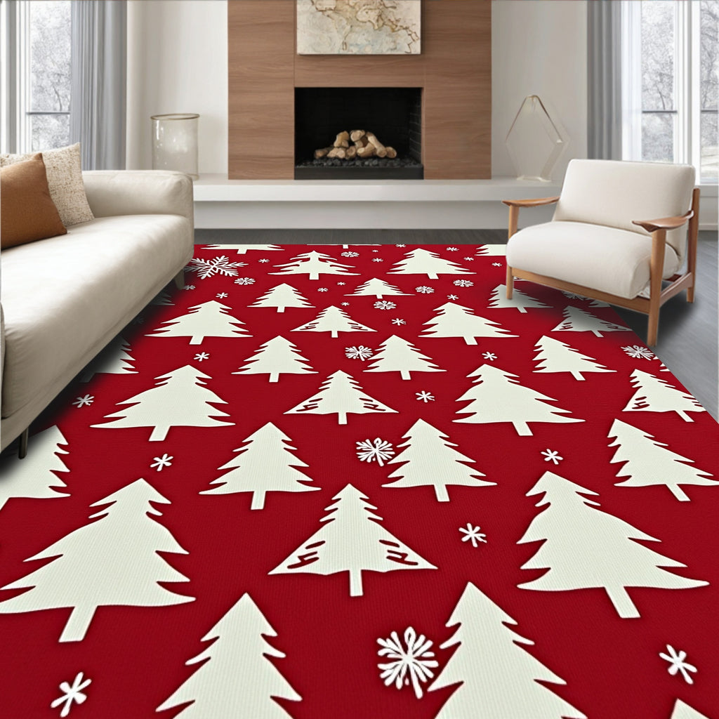 White Trees Snowflakes Red Background Rug