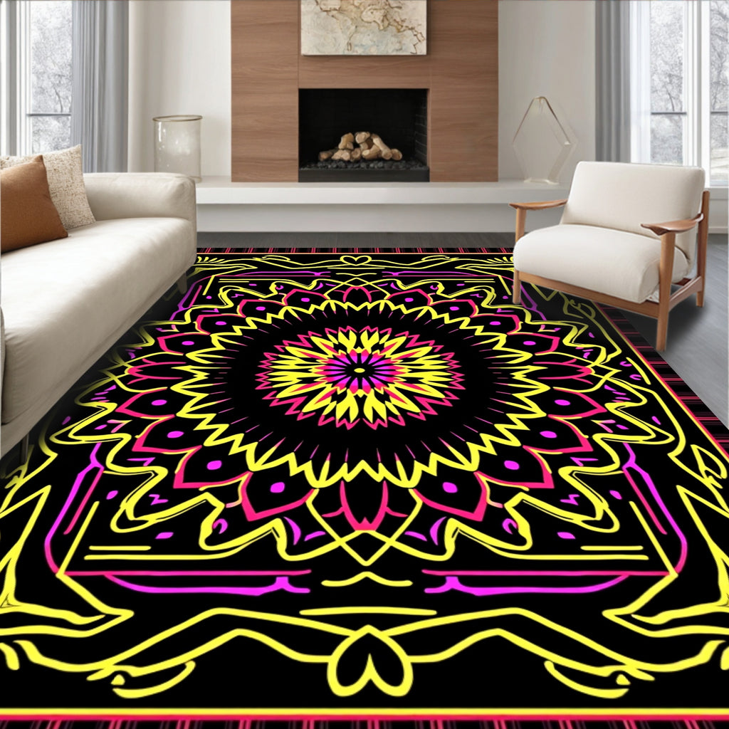 Vibrant Pink Yellow Mandala Symmetry Rug