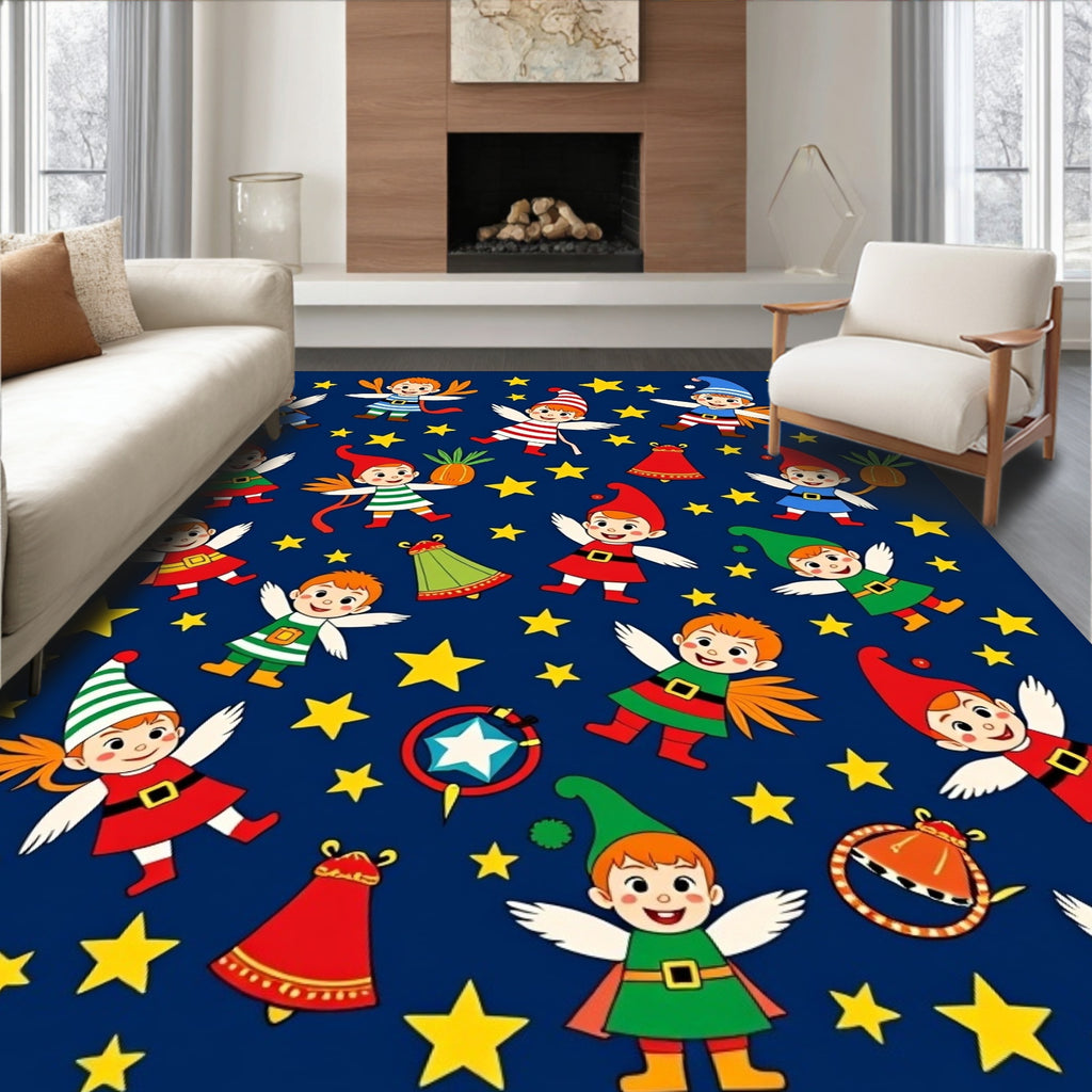 Whimsical Elves And Stars Navy Rug