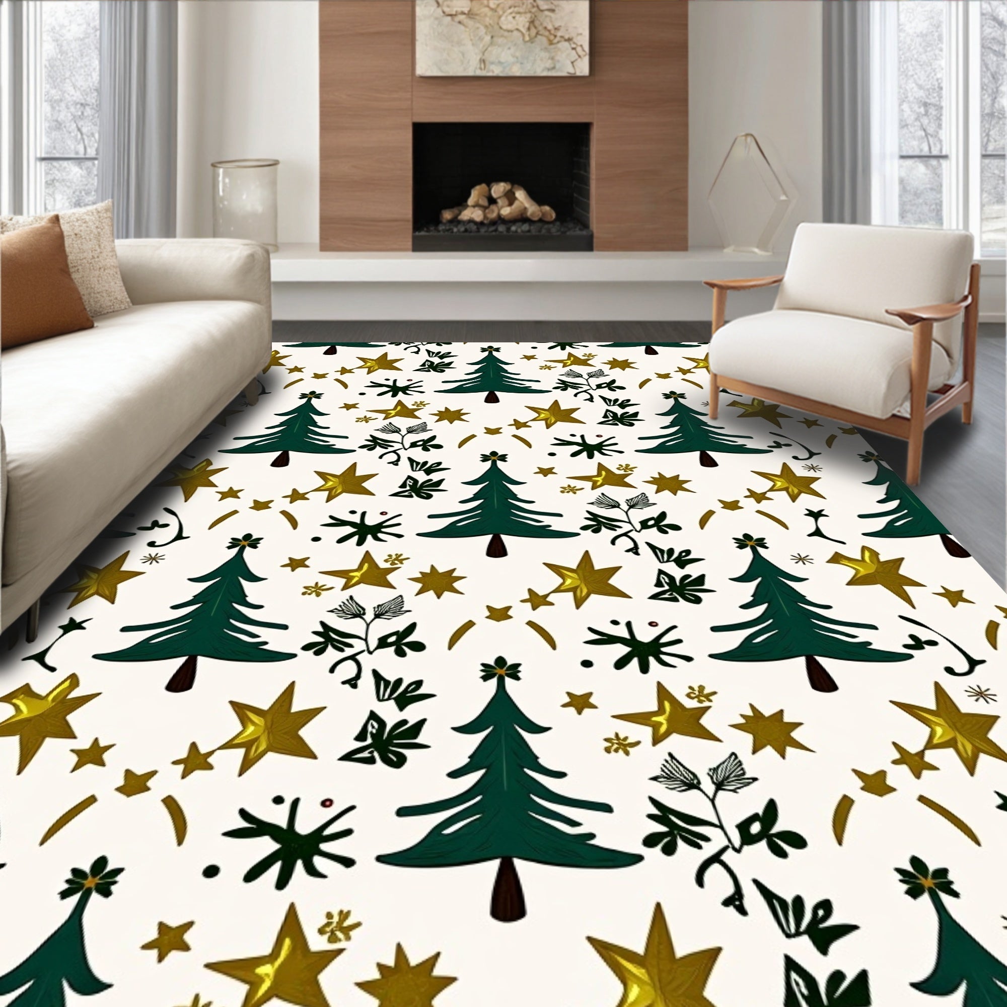 Green Tree Gold Star Snowfall Rug