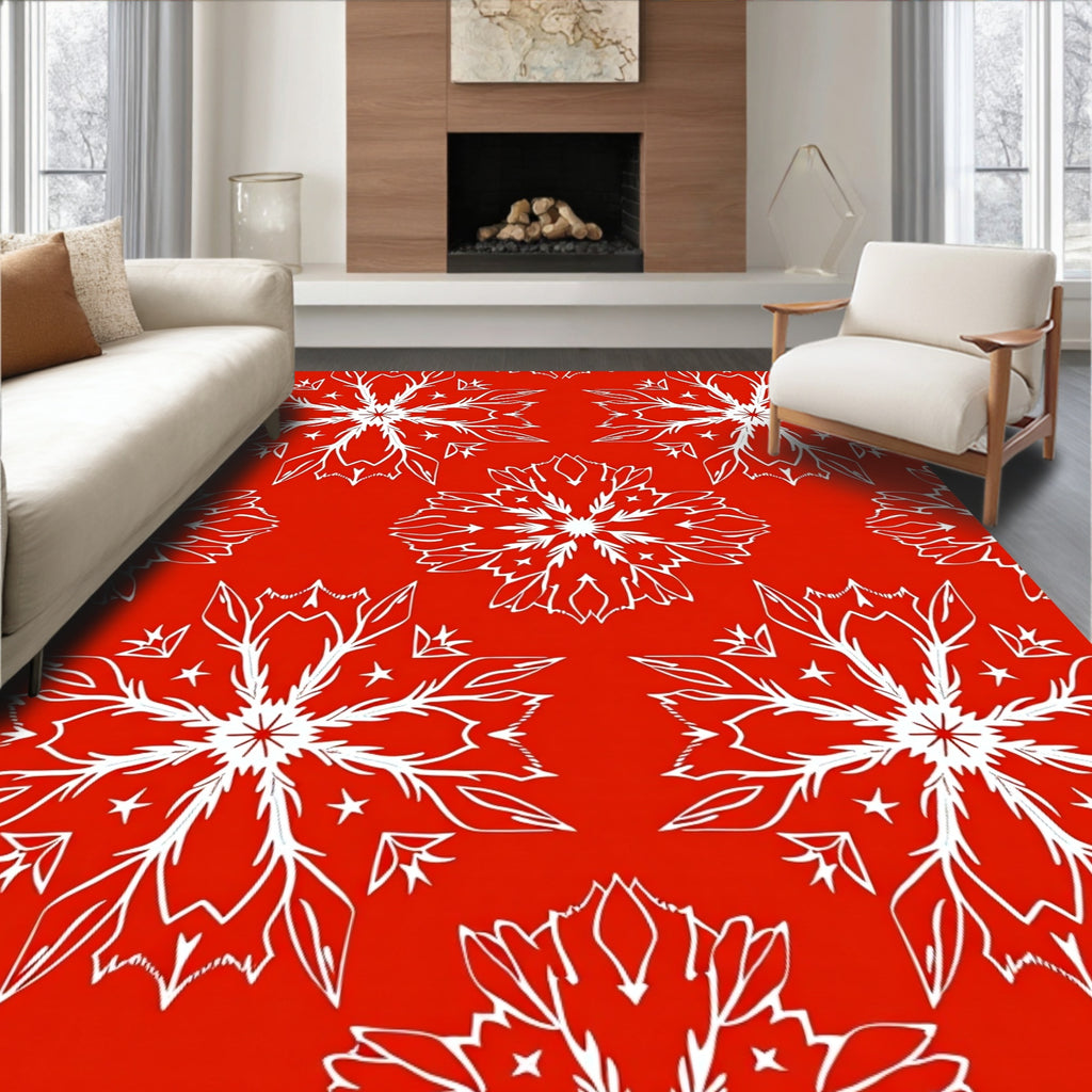 Vibrant Red White Snowflake Medallion Rug