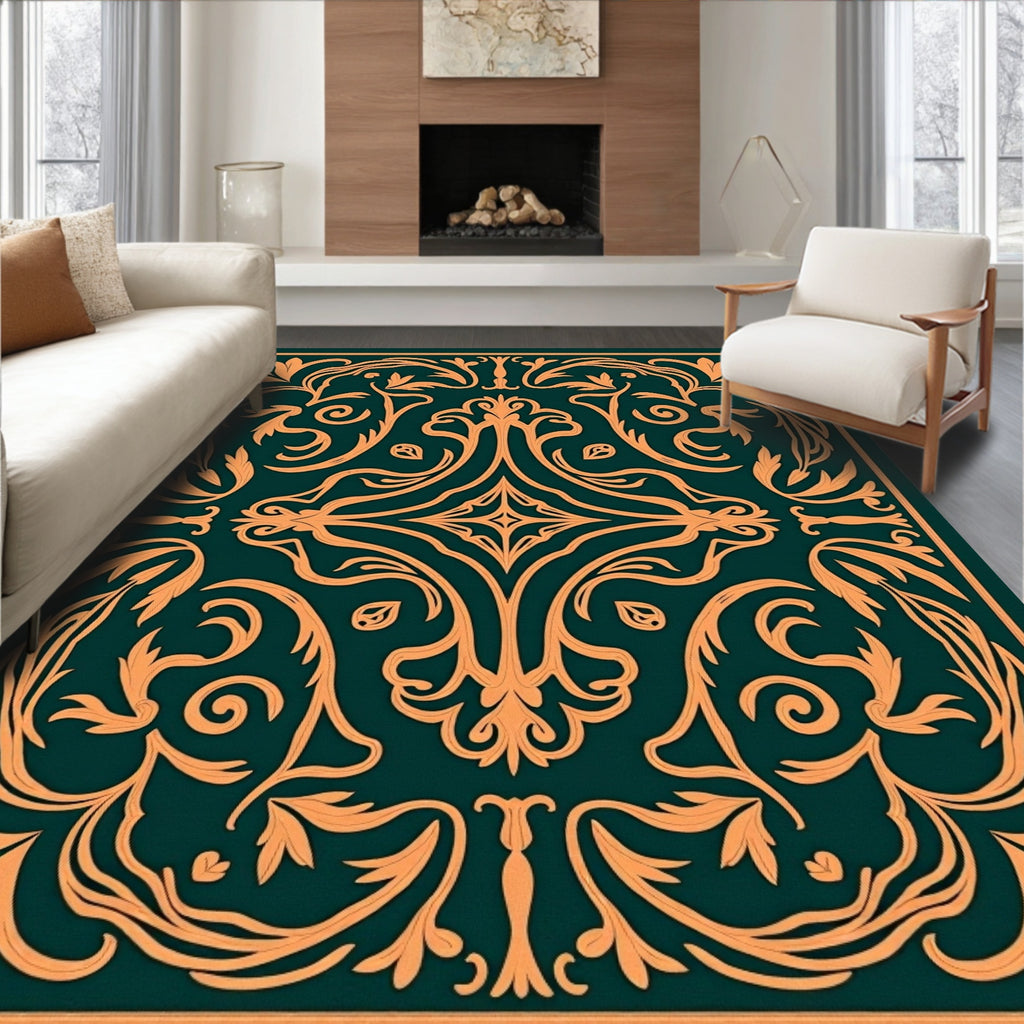 Orange Floral Vines on Emerald Background Rug