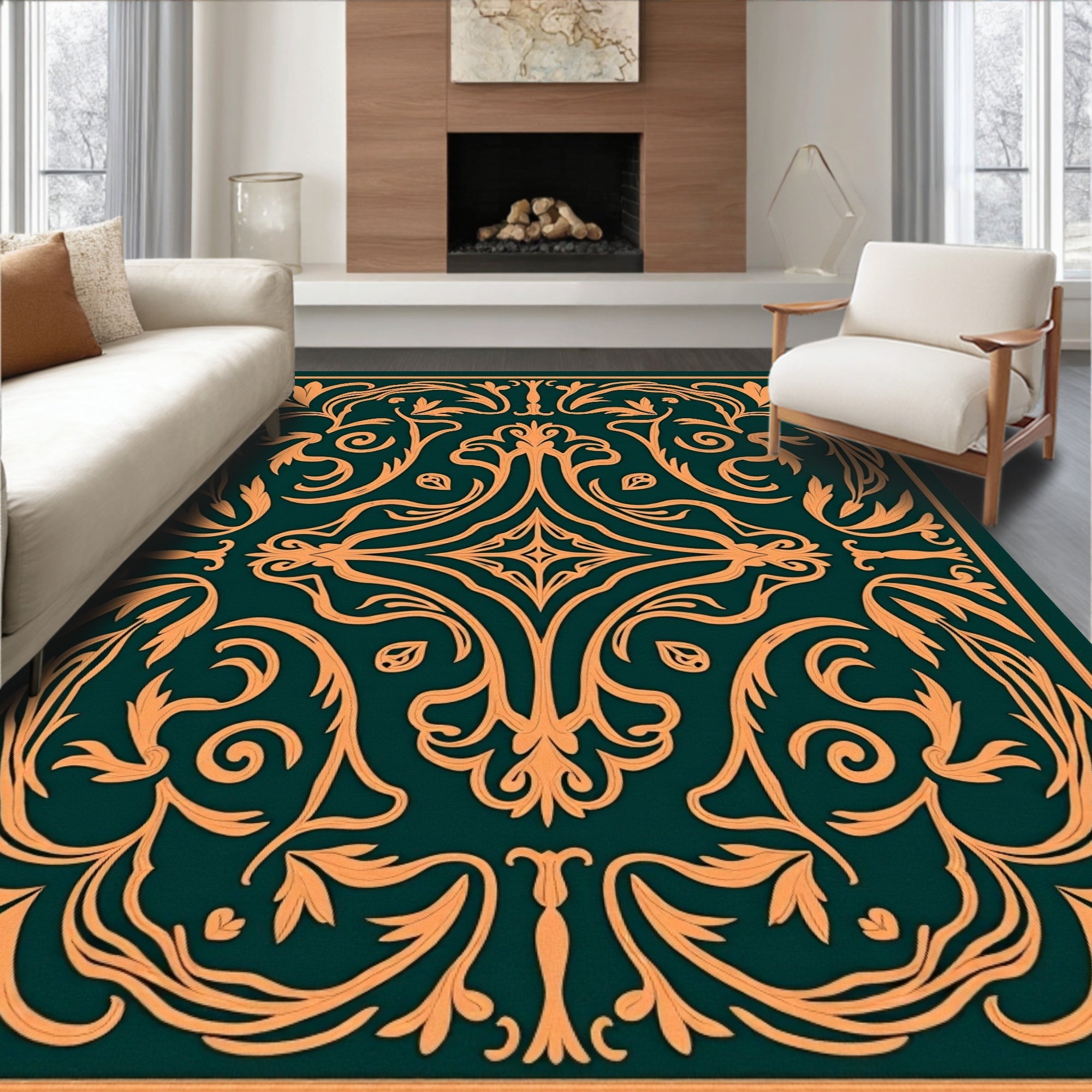 Orange Floral Vines on Emerald Background Rug