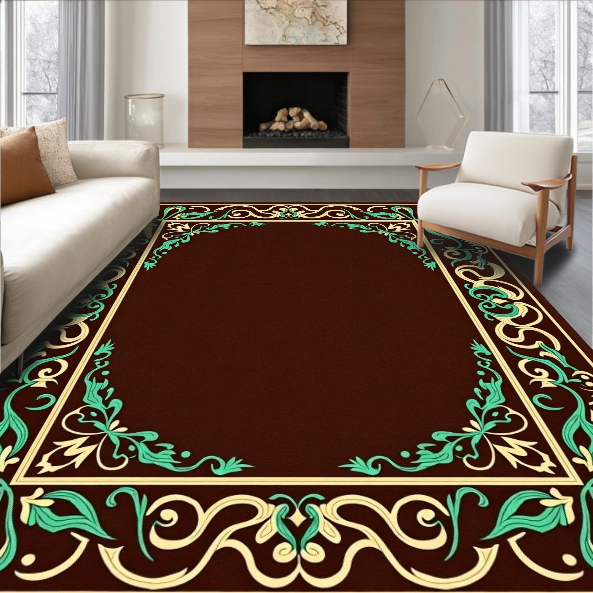 Rich Brown Floral Scroll Frame Rug