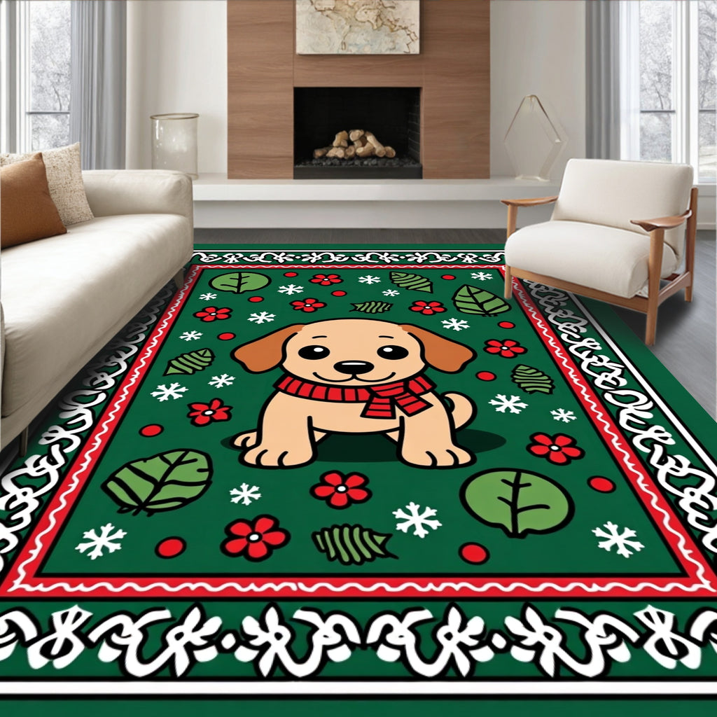 Cute Dog Snowflakes Red Scarf Green Rug