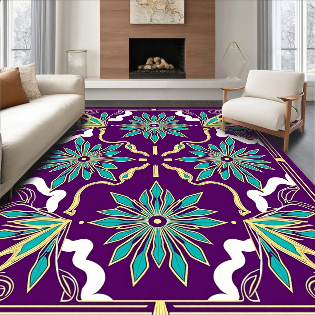Vibrant Teal Floral Medallion Purple Rug