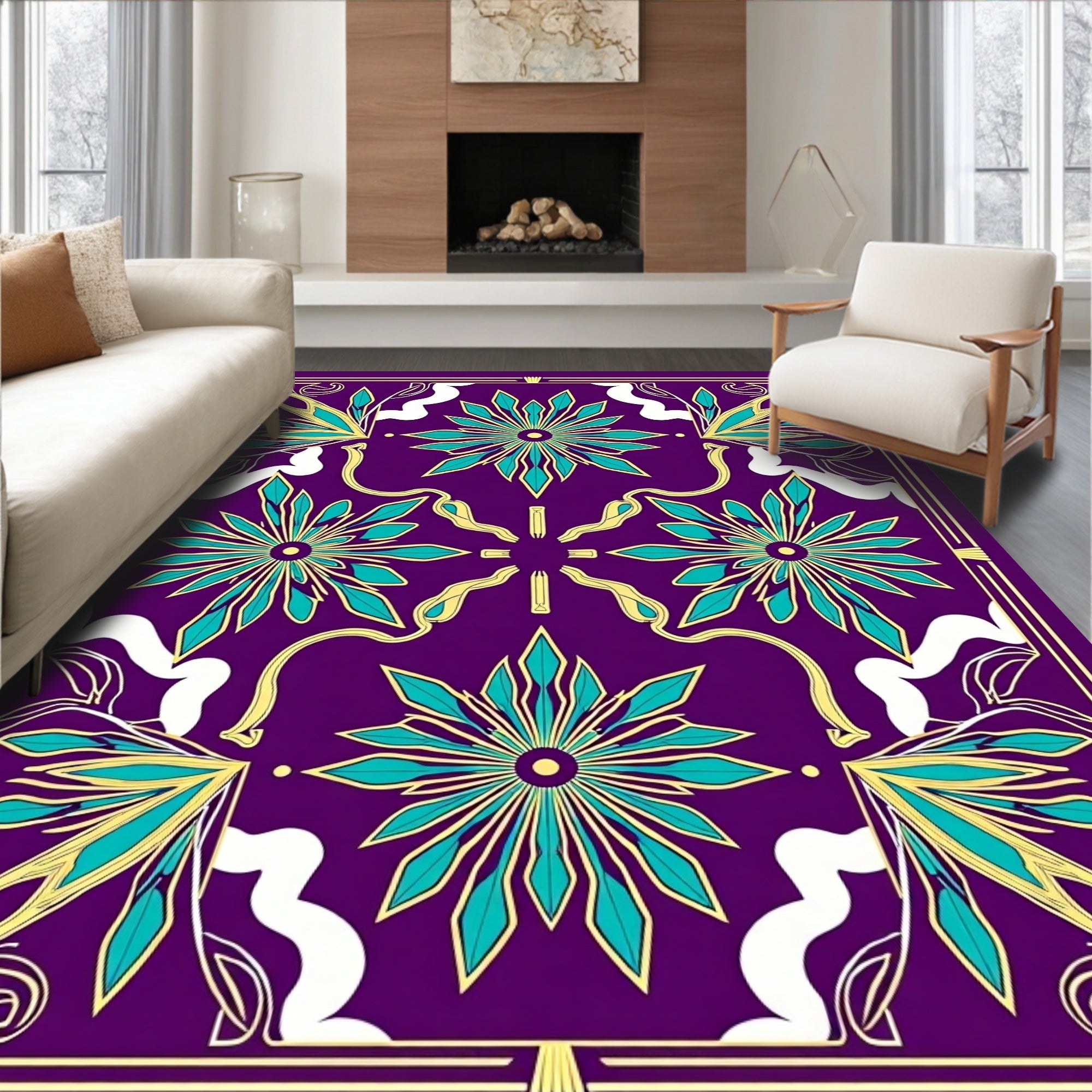 Vibrant Teal Floral Medallion Purple Rug