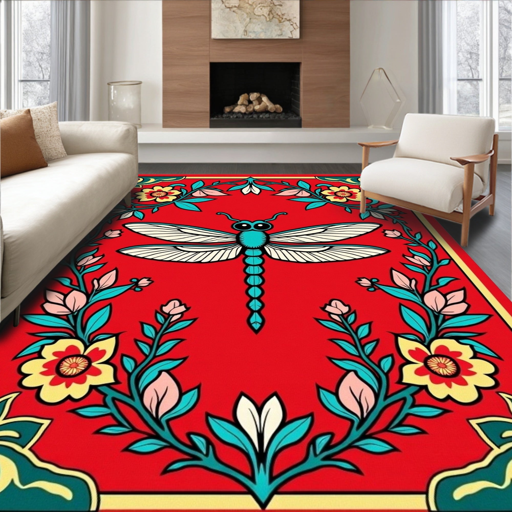 Red Dragonfly Floral Border Rug