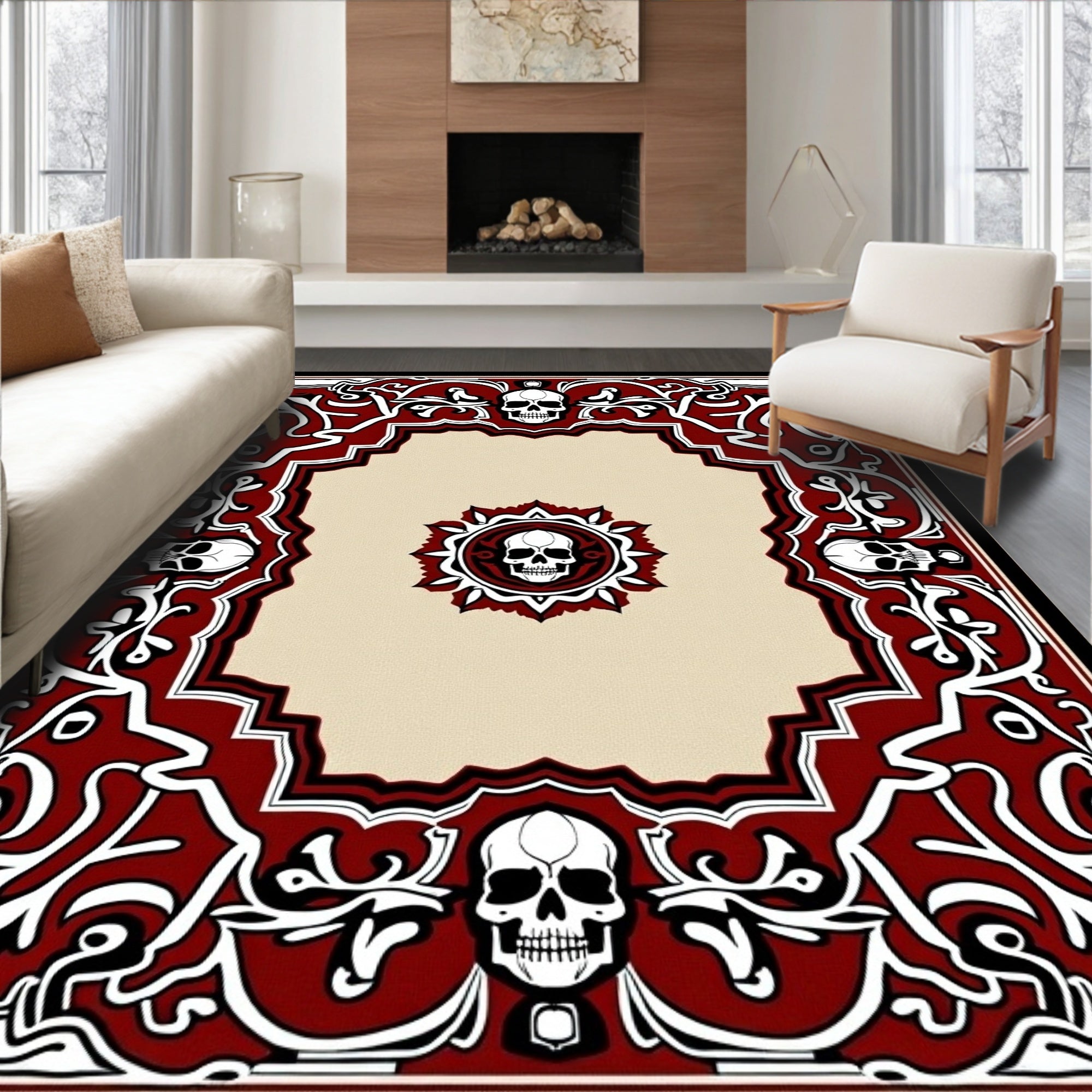 Crimson Skull Gothic Floral Border Rug