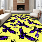 Vibrant Purple Bird Flock Yellow Background Rug