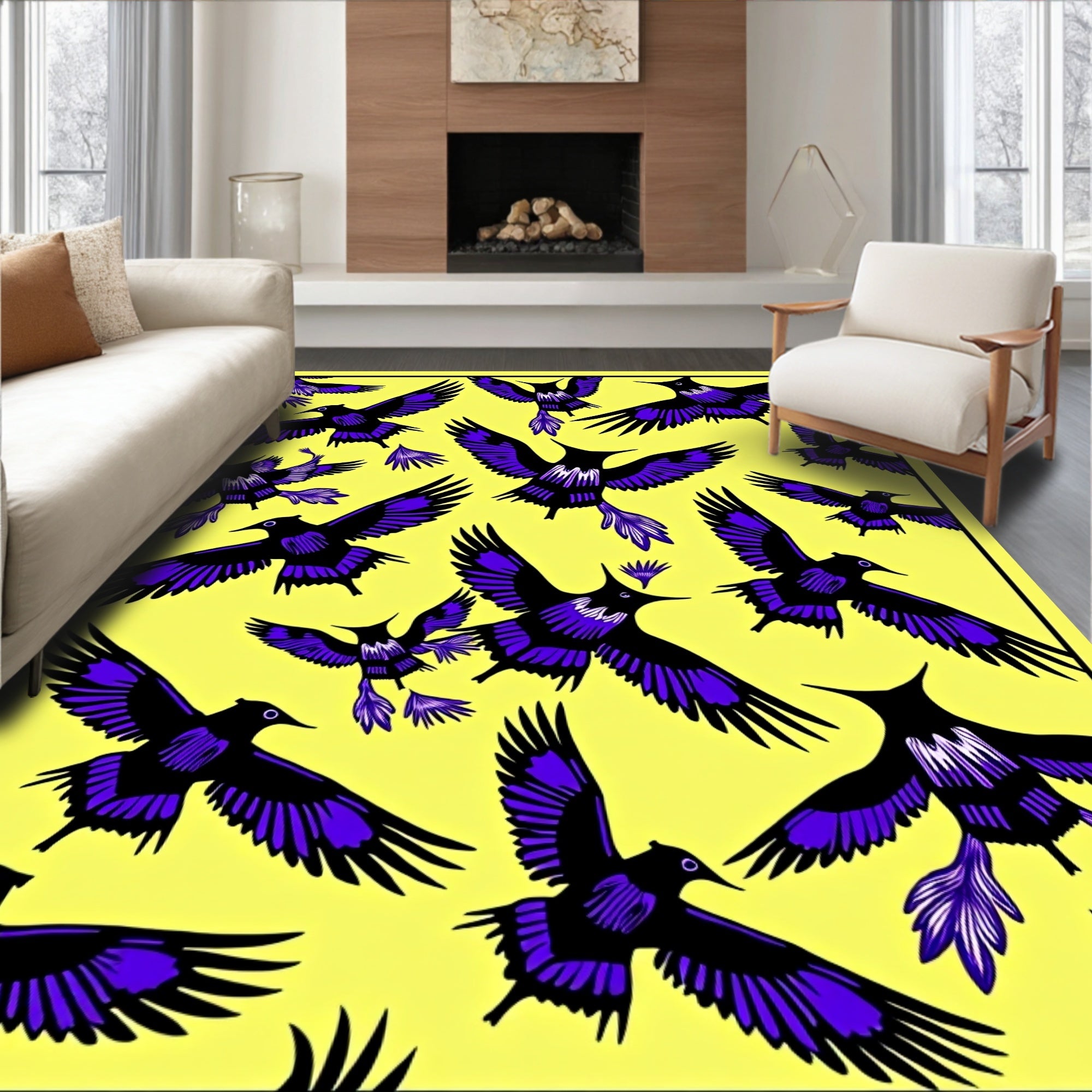 Vibrant Purple Bird Flock Yellow Background Rug