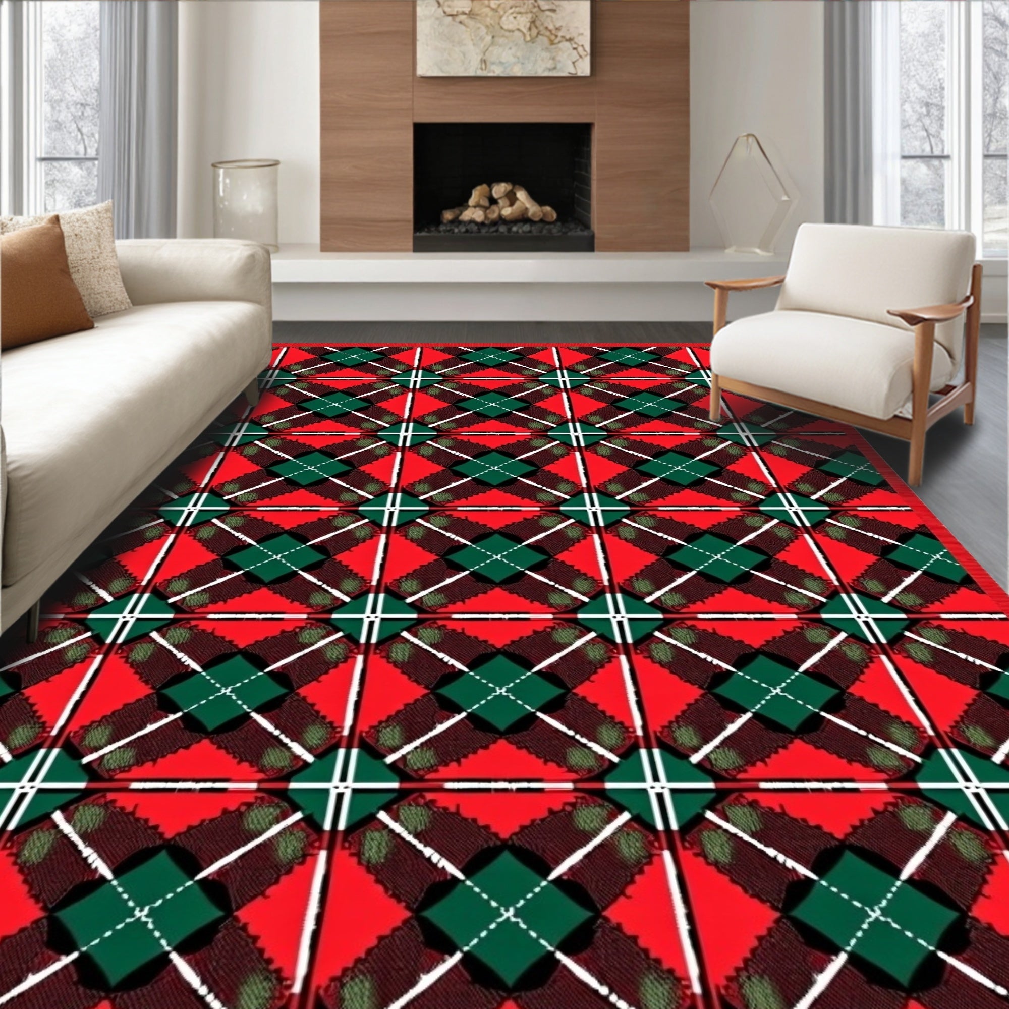 Festive Red Green Plaid Squares Rug