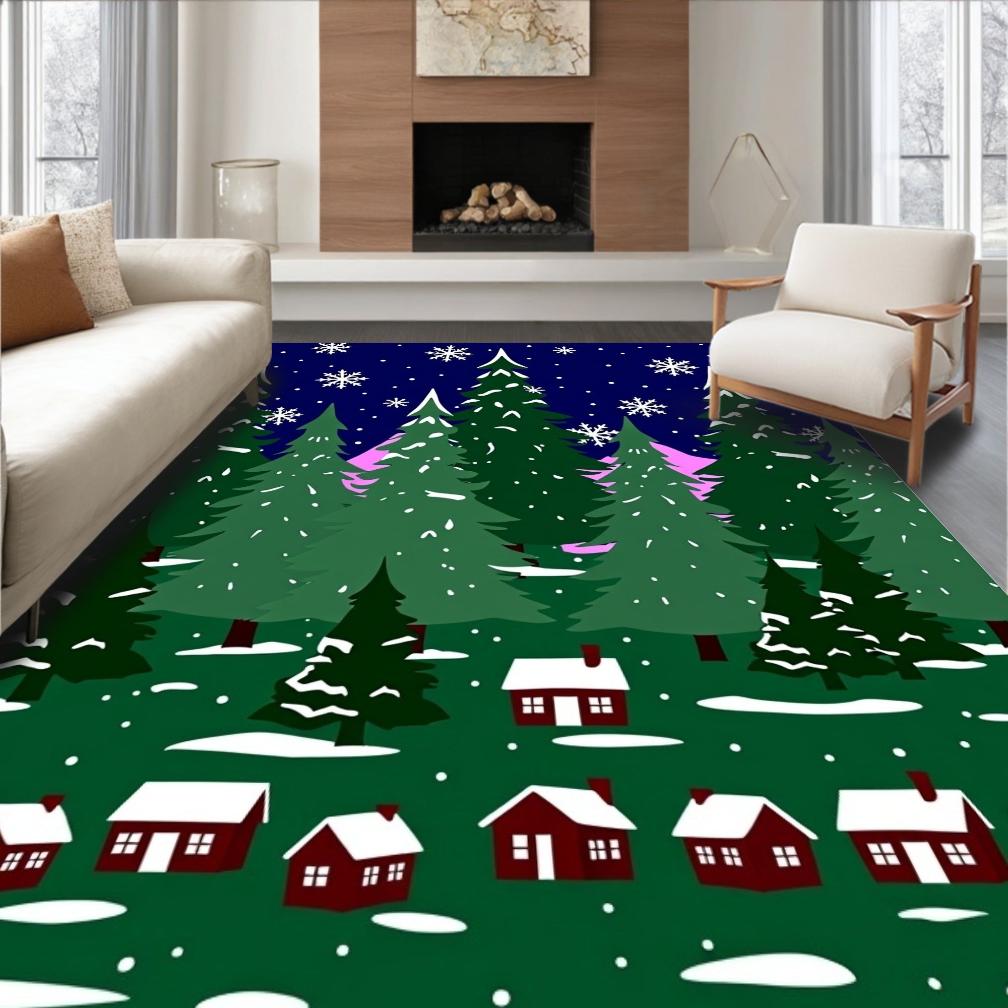 Winter Village Snowflakes Snowy Forest Scene Rug