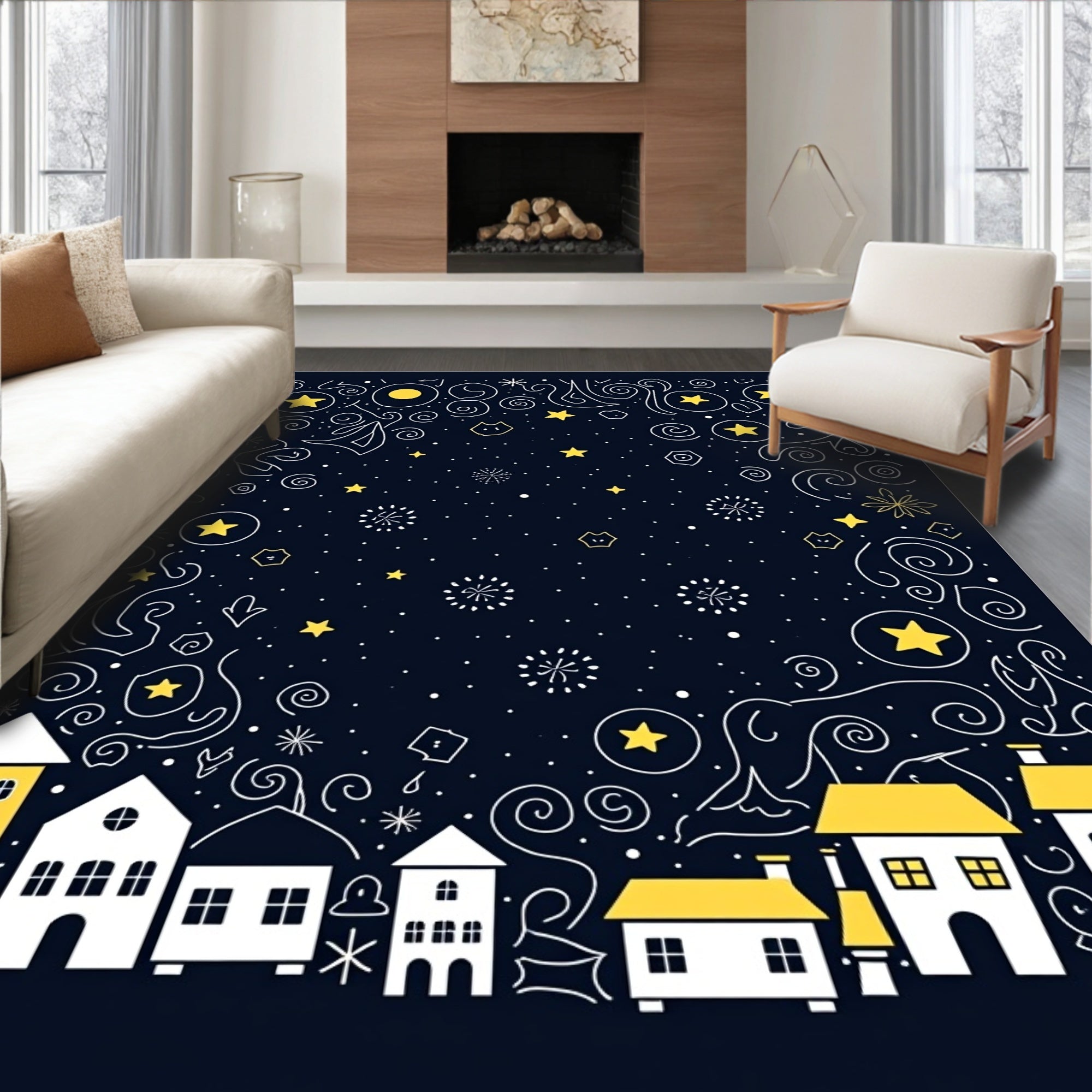 Whimsical Yellow Houses Starry Night Rug