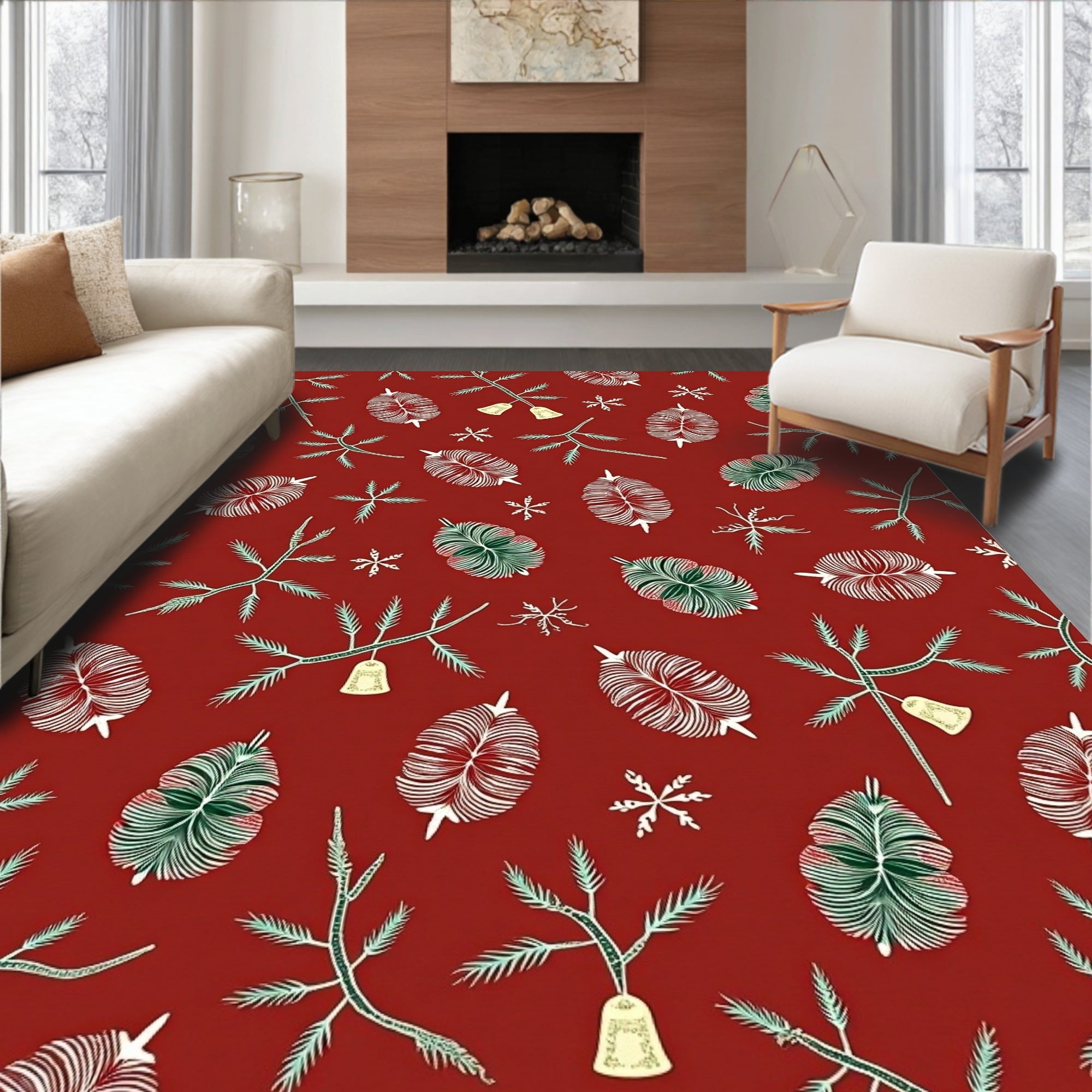 Red Festive Pine Sprigs And Bells Rug