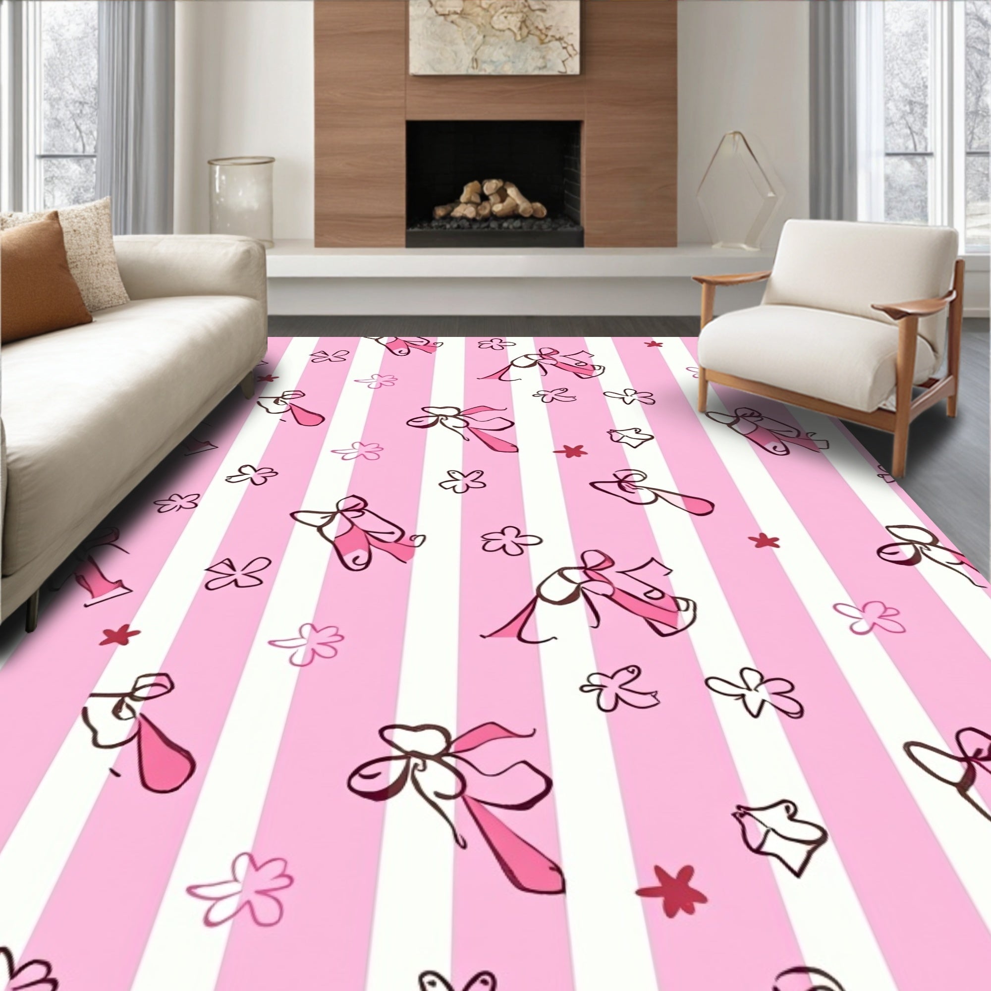 Pink Striped Ballet Slippers Floral Rug