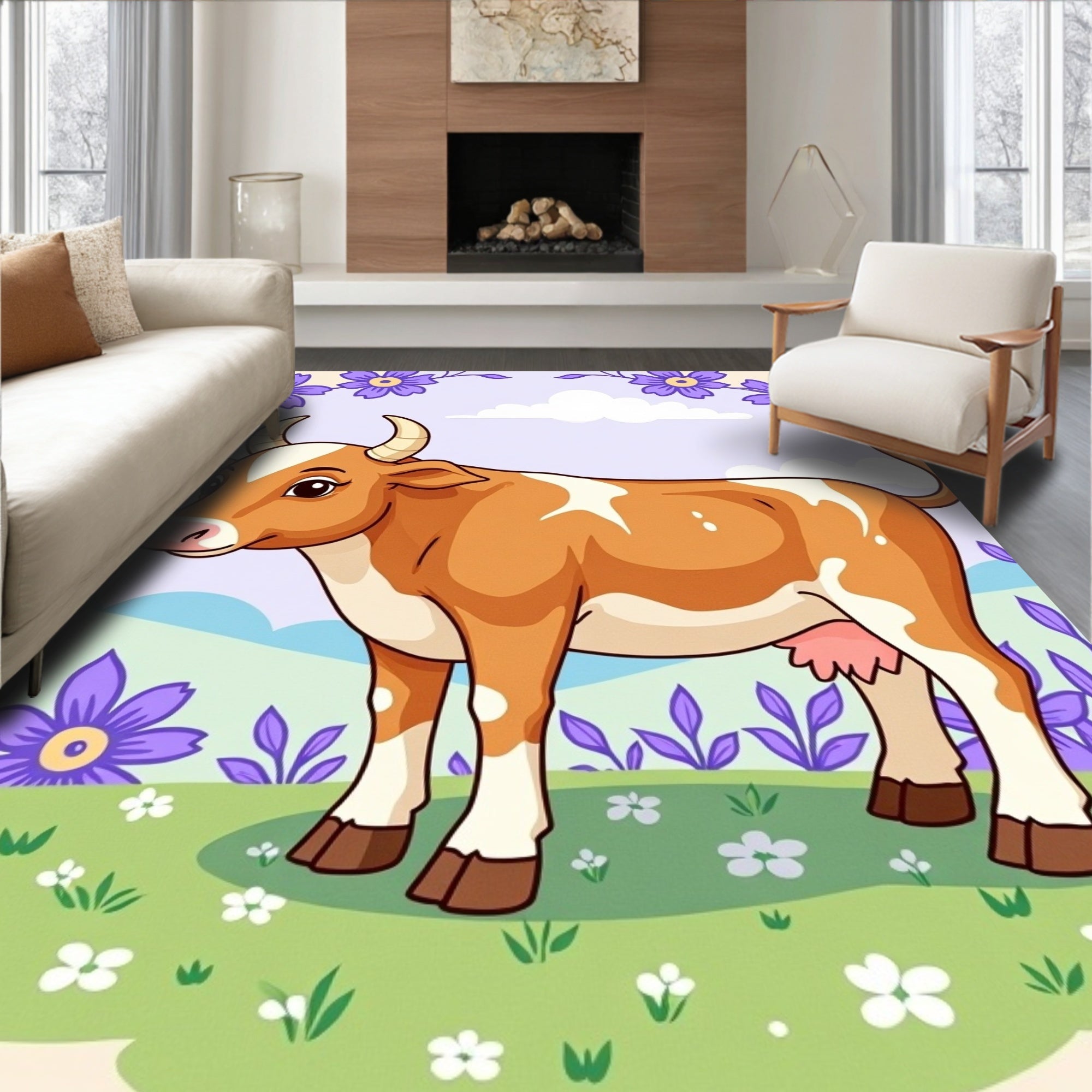 Whimsical Brown Cow Floral Meadow Rug