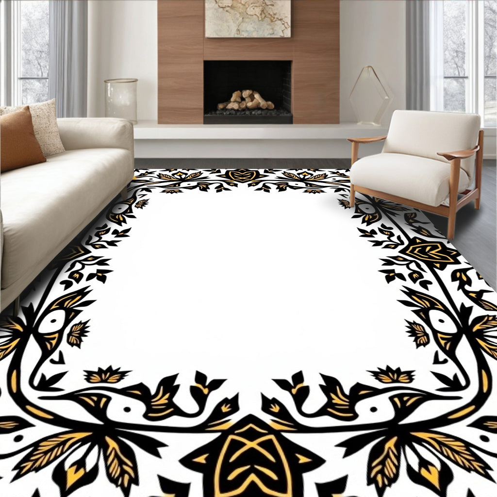 Elegant Black Gold Floral Border Rug