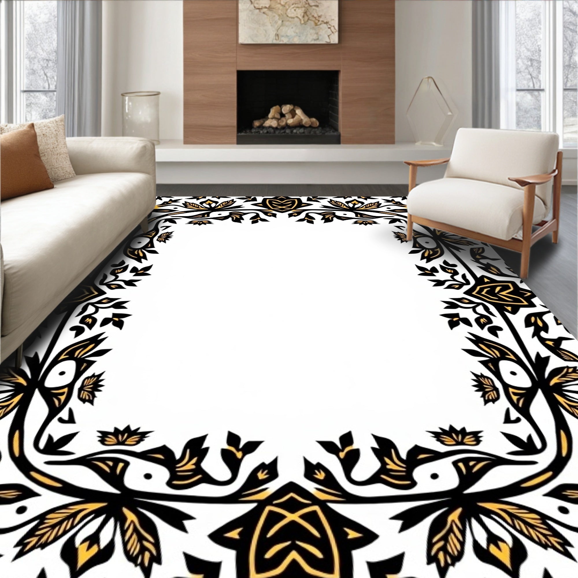 Elegant Black Gold Floral Border Rug