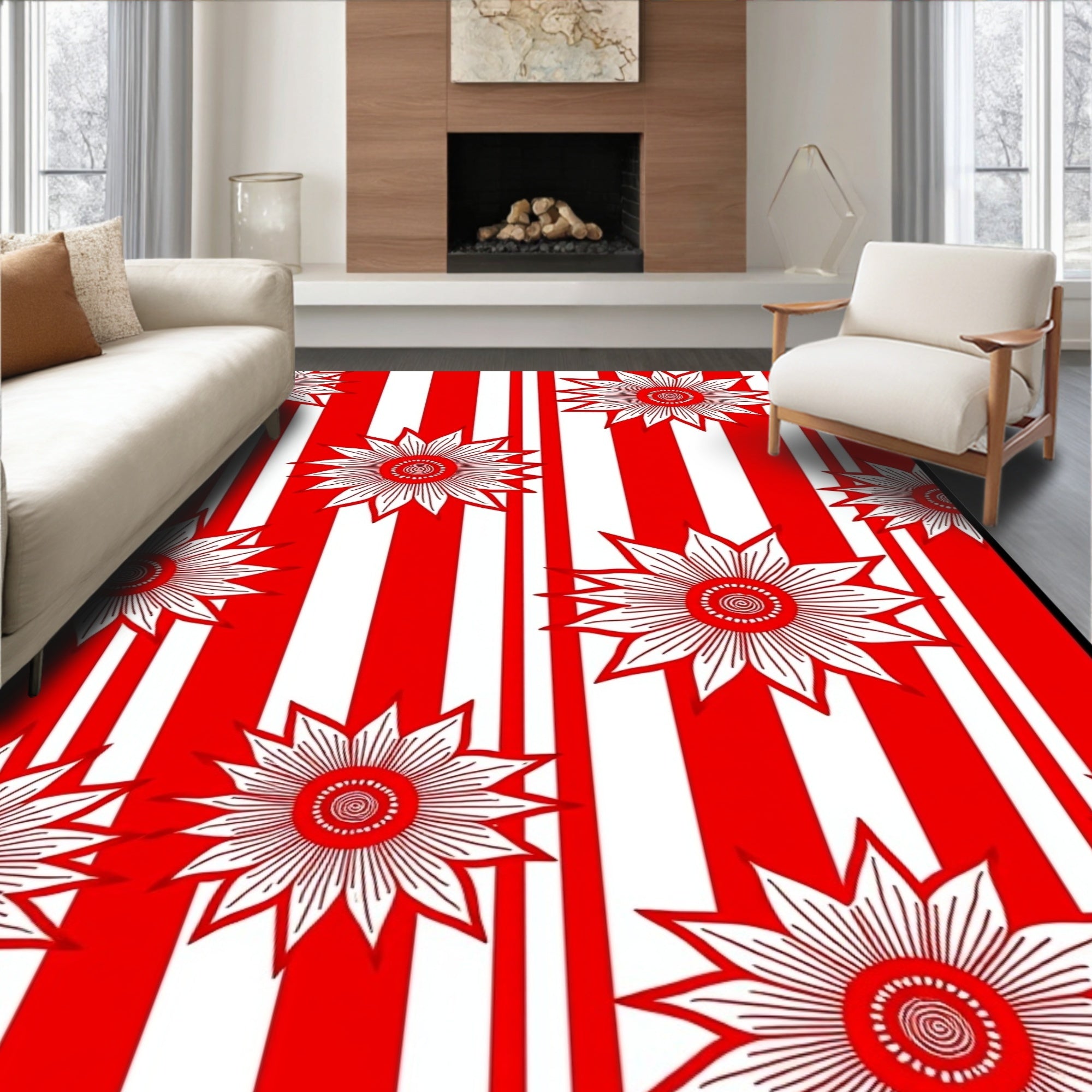 Bold Red White Striped Sunflower Rug