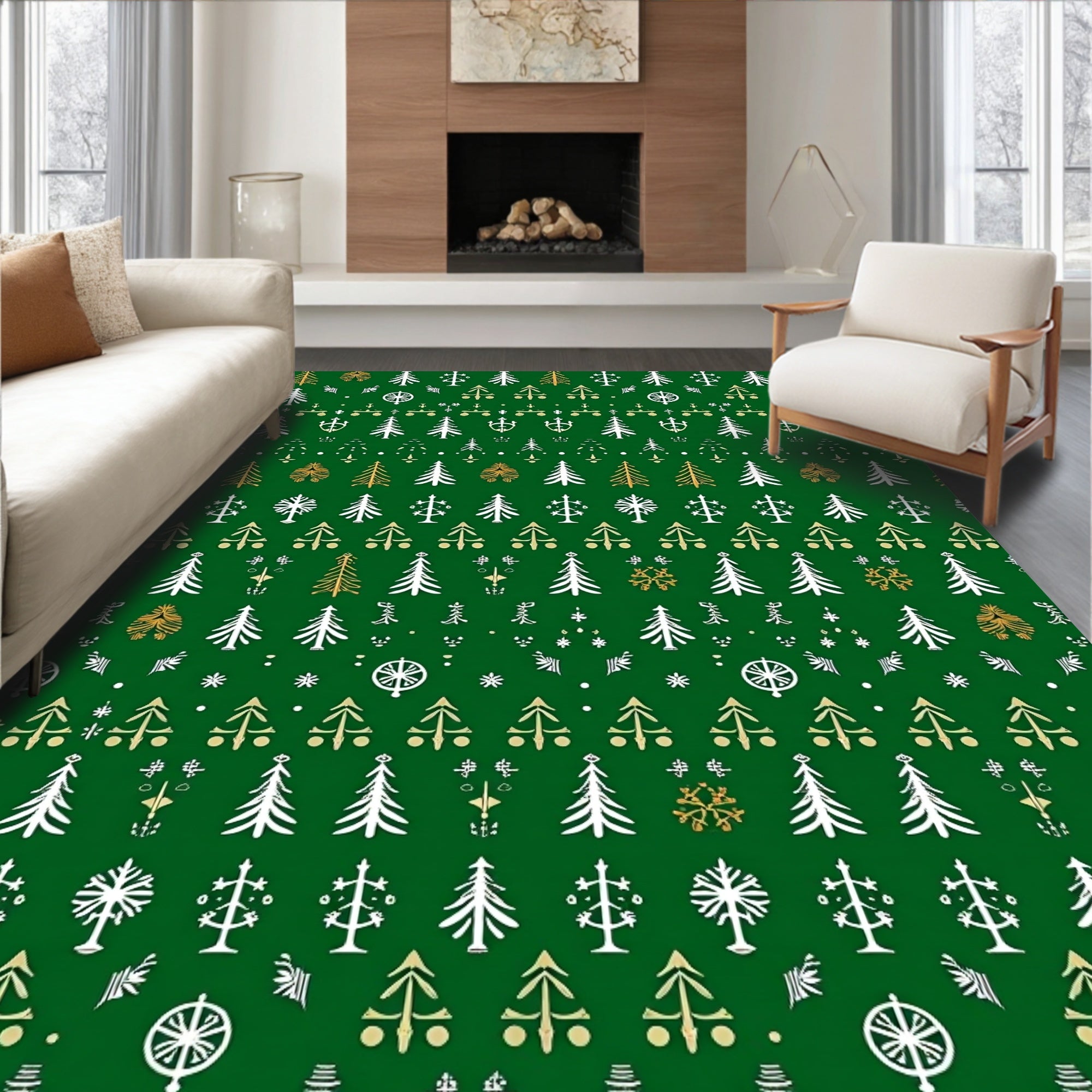 Holiday Forest Trees Christmas Green Gold Rug