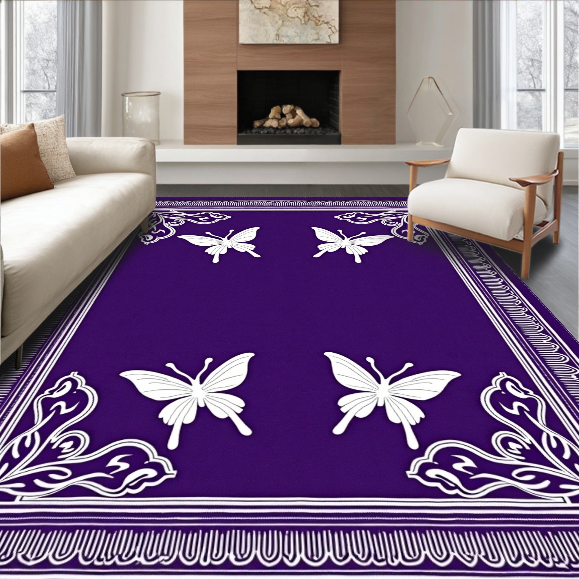 Vibrant Purple Fluttering Butterfly Rug