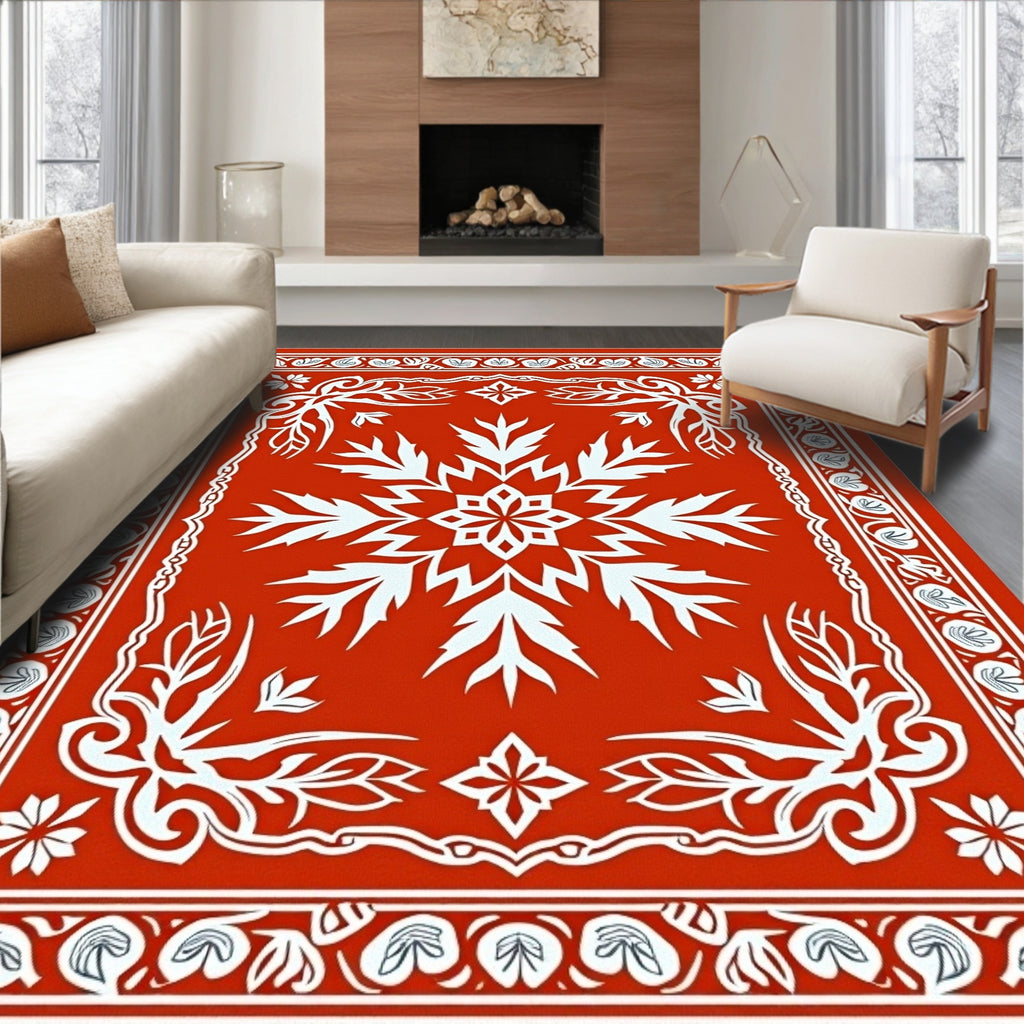 Vibrant Red White Floral Frame Rug