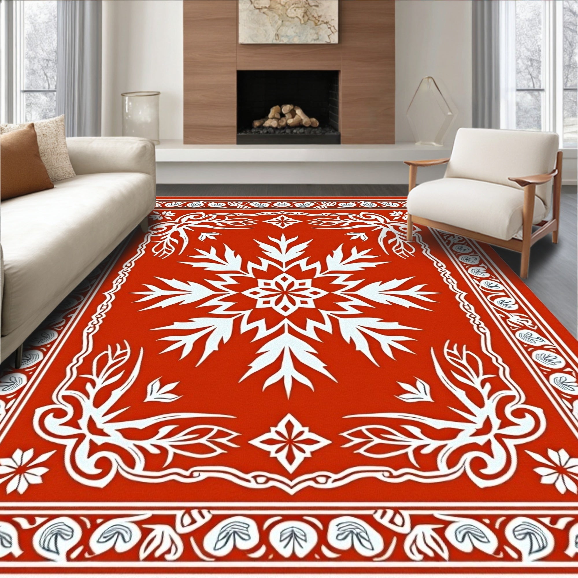 Vibrant Red White Floral Frame Rug