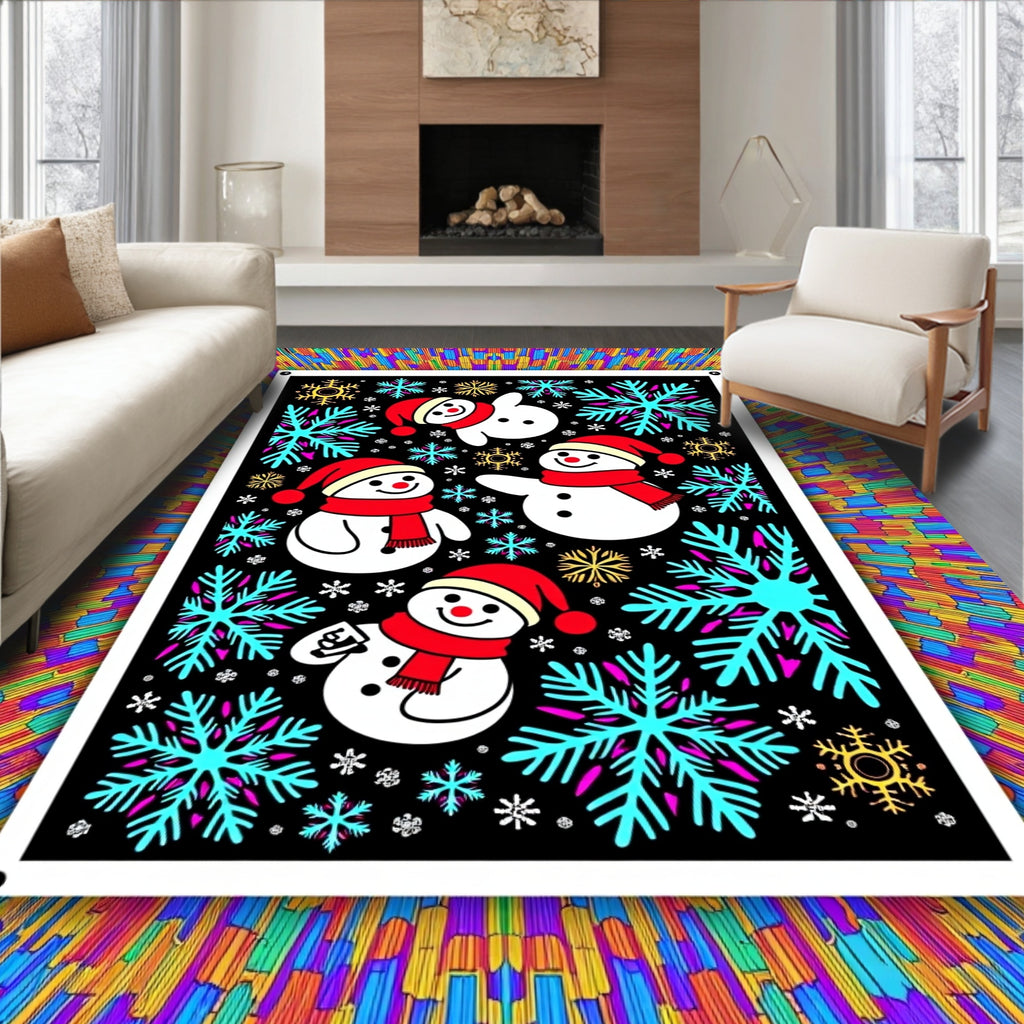 Festive Snowman Snowflakes Rainbow Background Rug