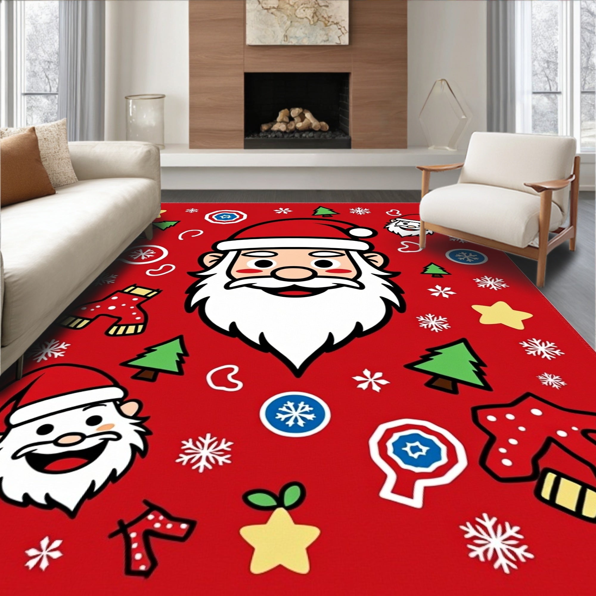 Jolly Santa Christmas Icons Red Rug