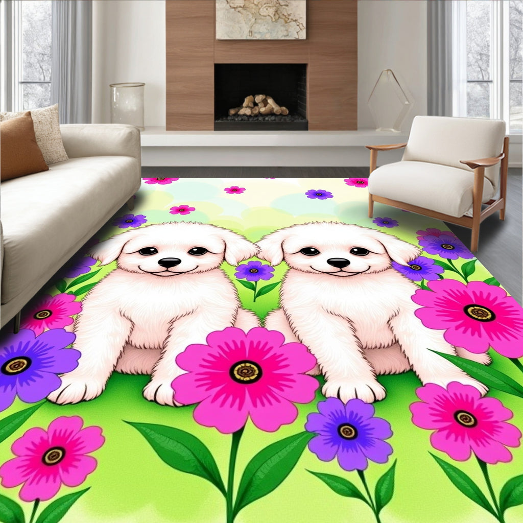 Playful White Puppies Pink Purple Flowers Rug