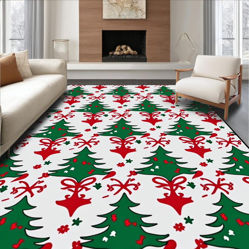 Festive Green Christmas Tree Scroll Rug