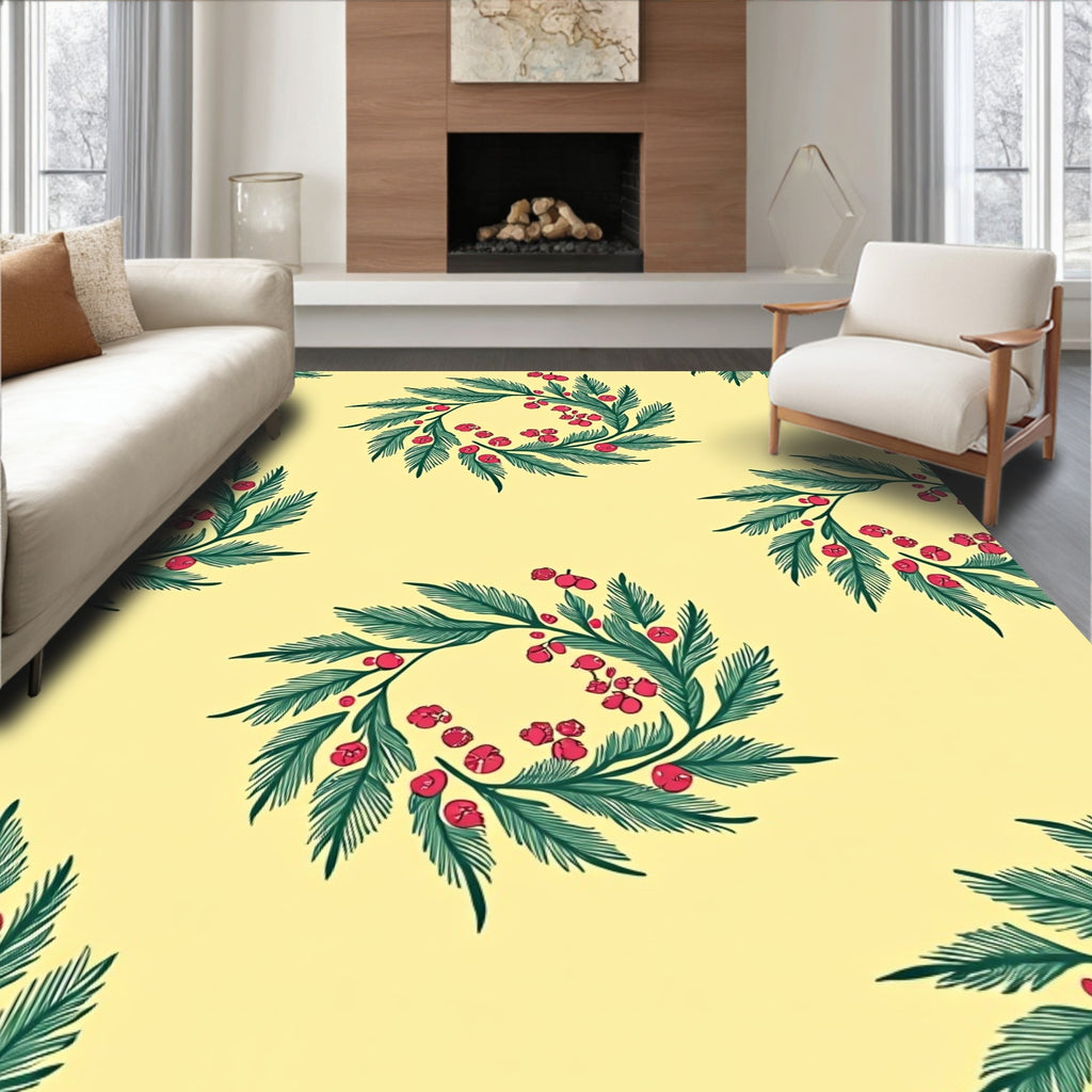 Green Berry Wreath Yellow Background Rug