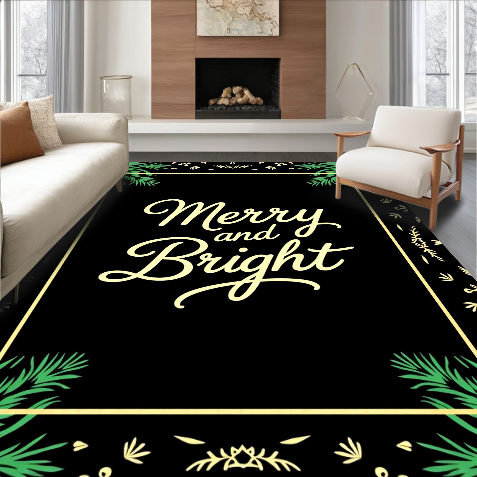 Merry Bright Calligraphy Festive Frame Rug