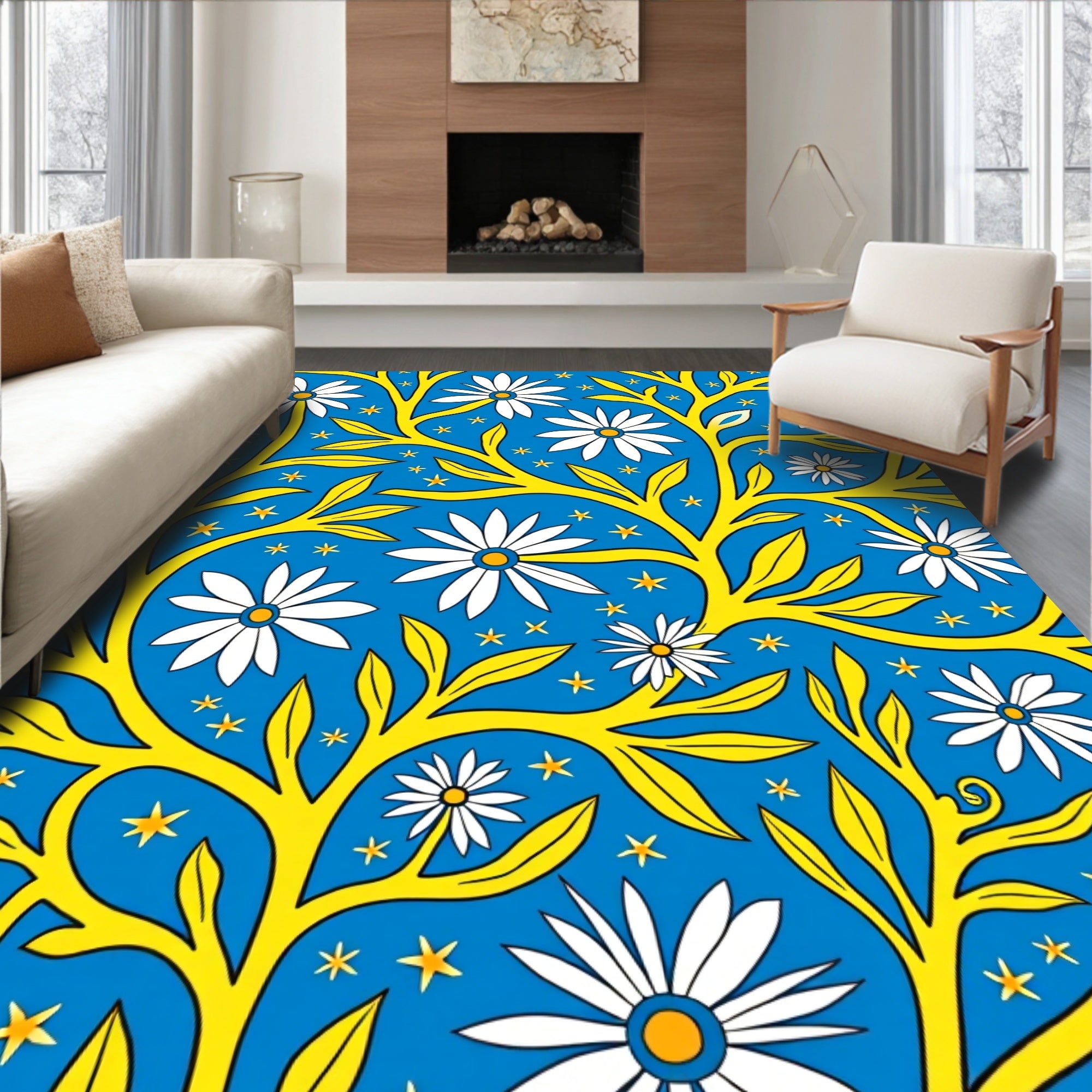 Blue Yellow Floral Branches Stars Rug