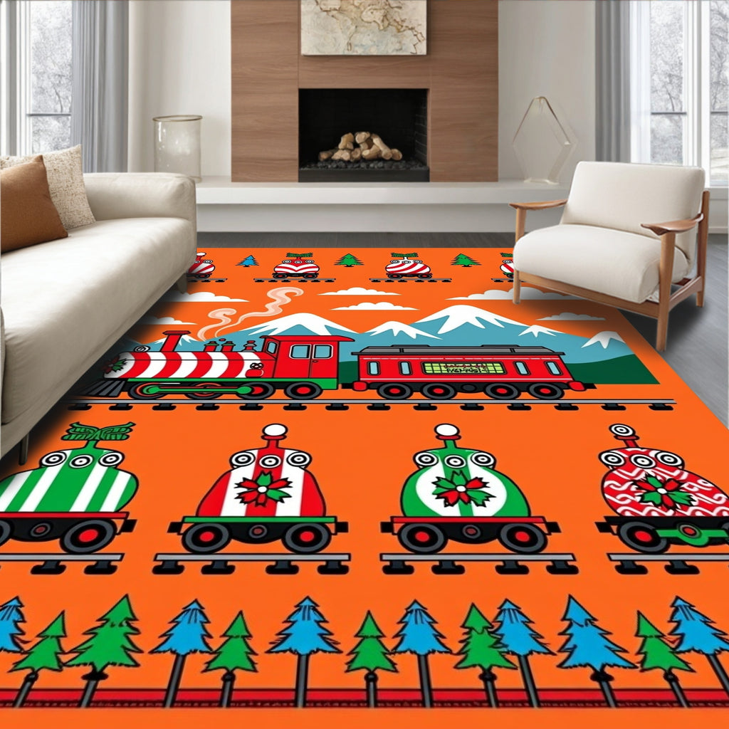 Festive Red Green Christmas Train Landscape Rug