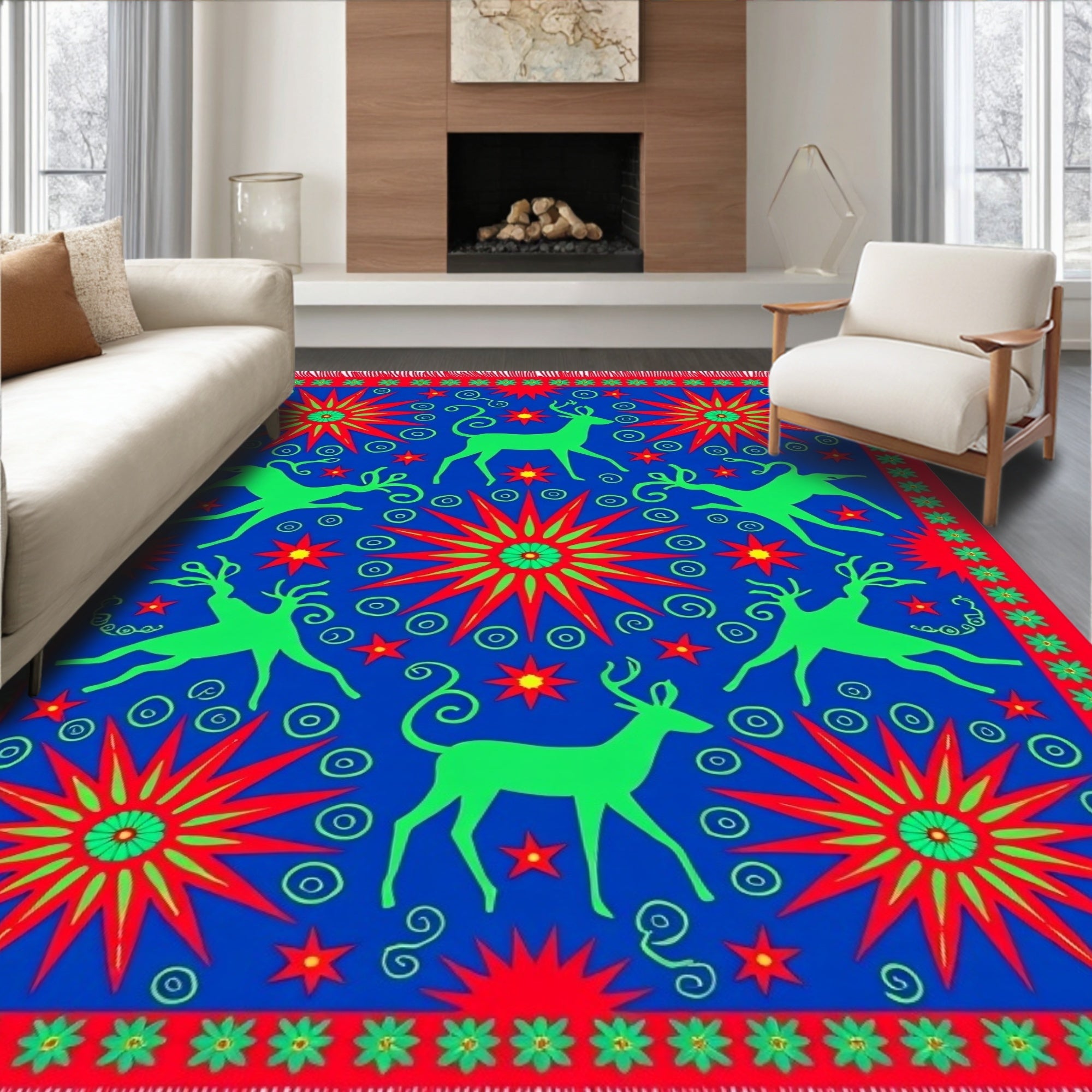 Vibrant Blue Green Red Deer Stars Rug