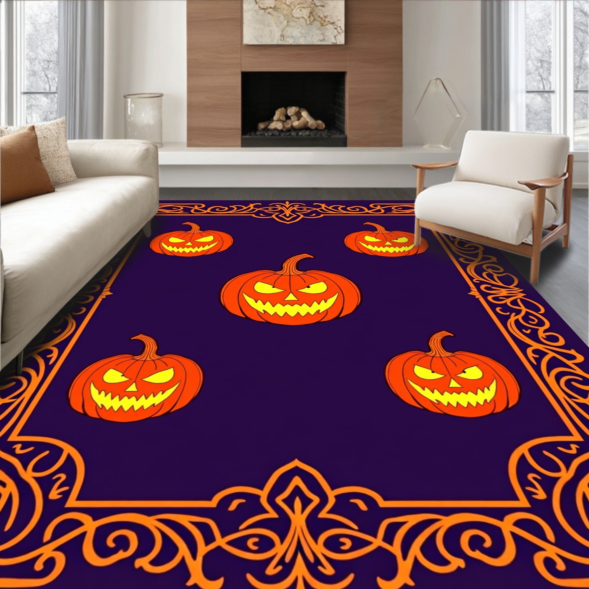 Spooky Orange Jack O Lanterns Border Rug