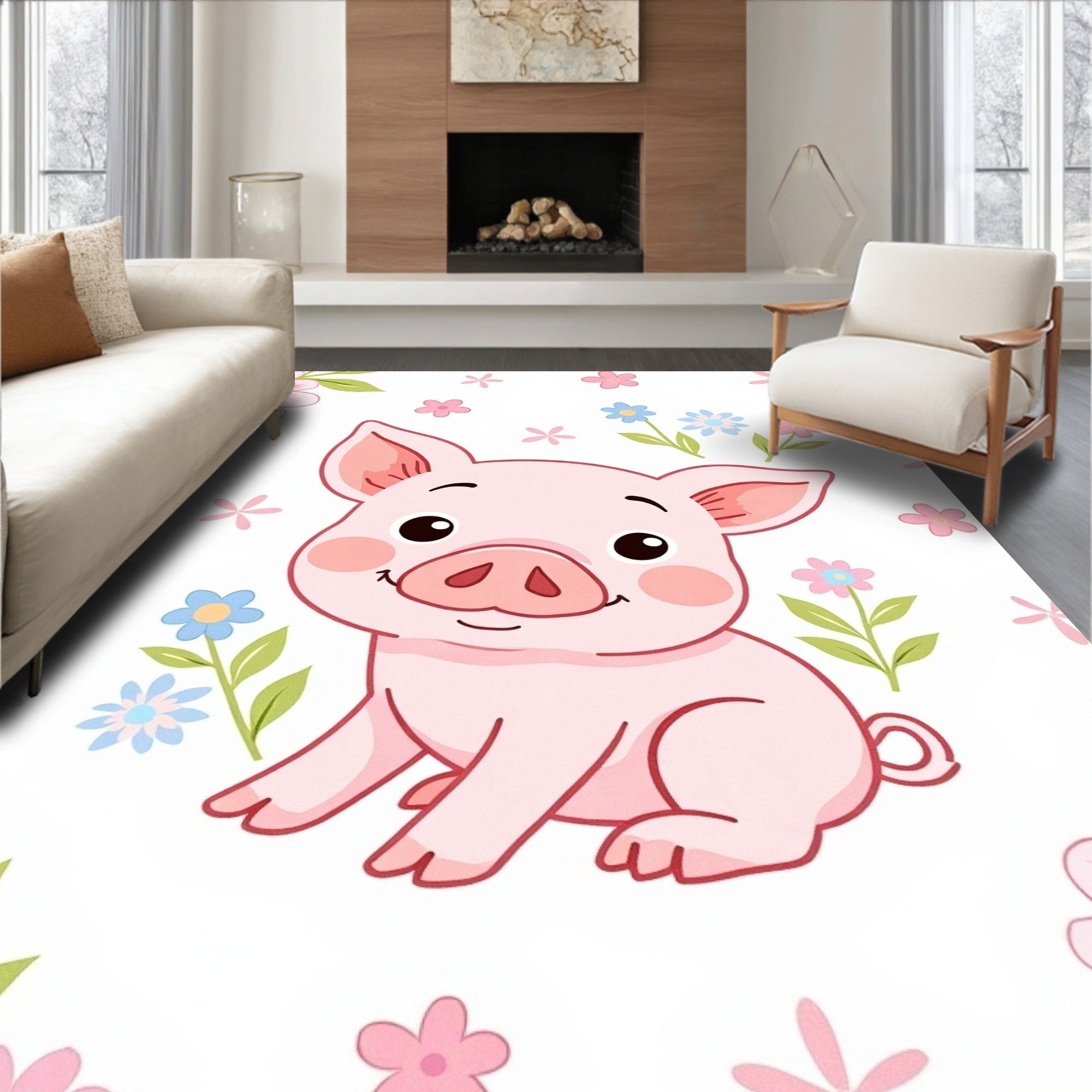 Whimsical Pink Piglet Floral Meadow Rug